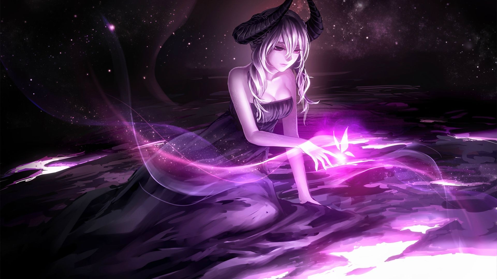 Anime girl with horns and purple magic HD Wallpaper