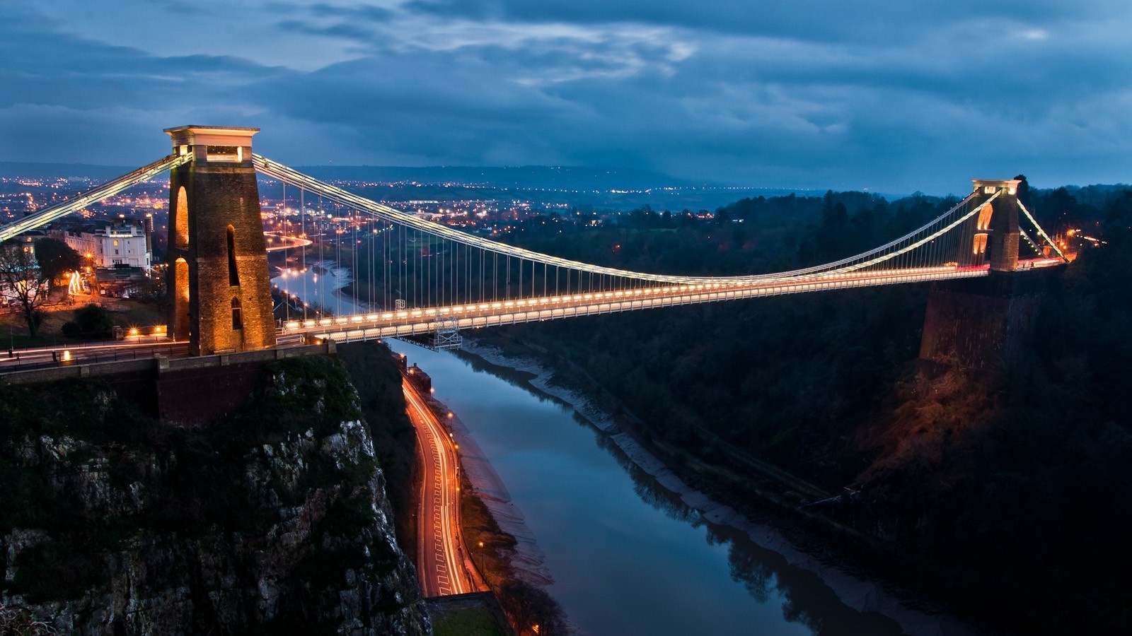Clifton Suspension Bridge at night with light trails HD Wallpaper