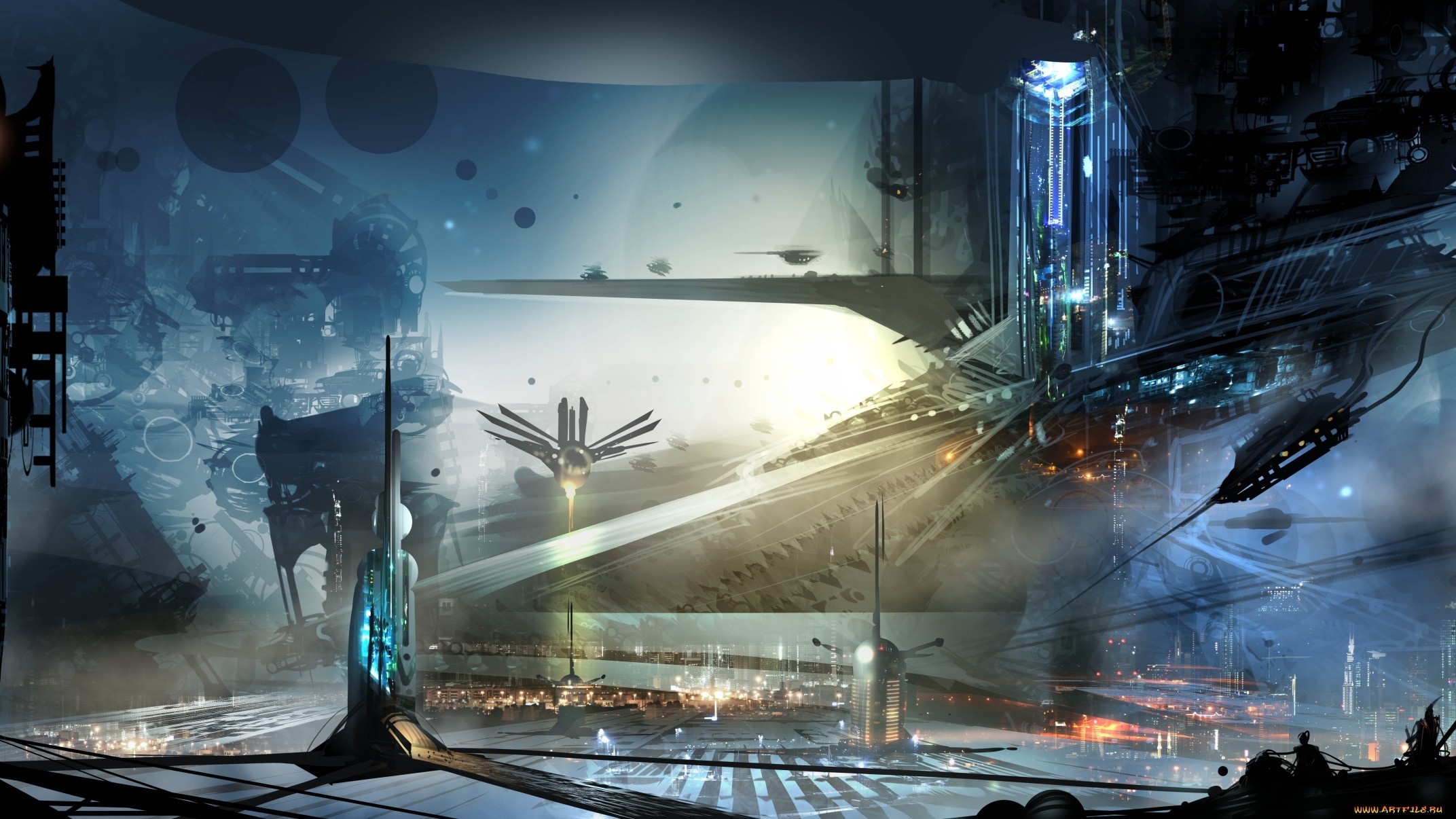 Science fiction city with futuristic architecture and flying vehicles HD Wallpaper