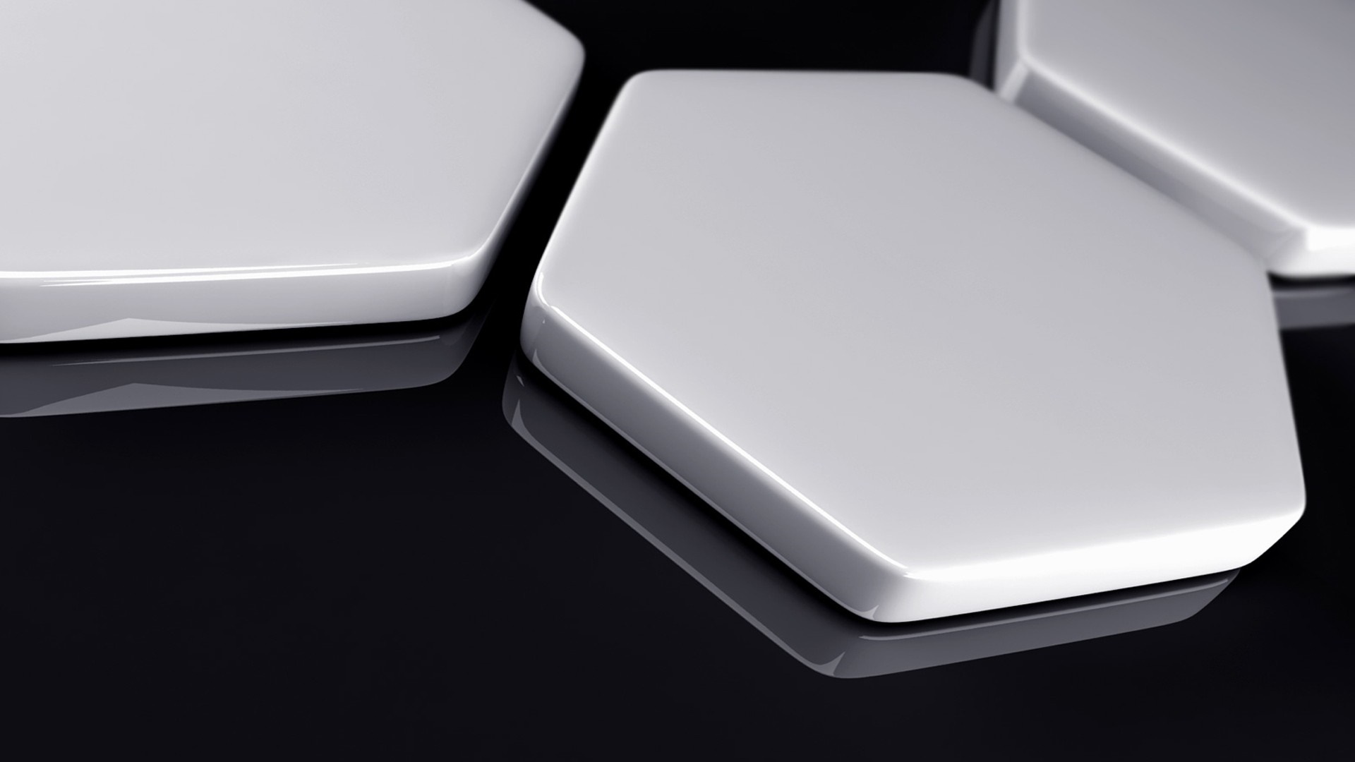 Monochrome 3D hexagons with reflections on black background HD Wallpaper