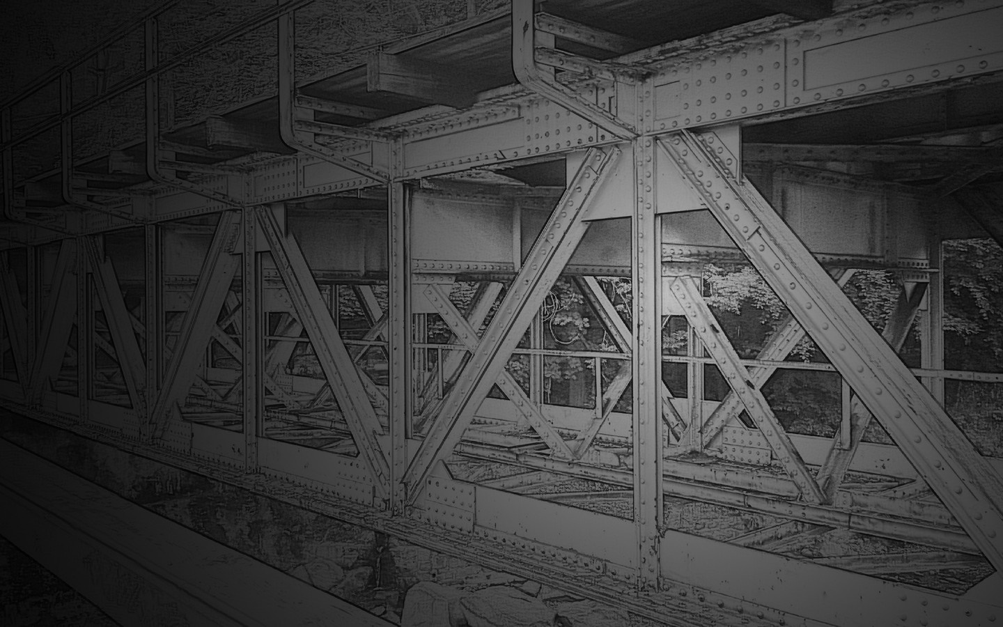Monochrome image of a steel bridge structure HD Wallpaper