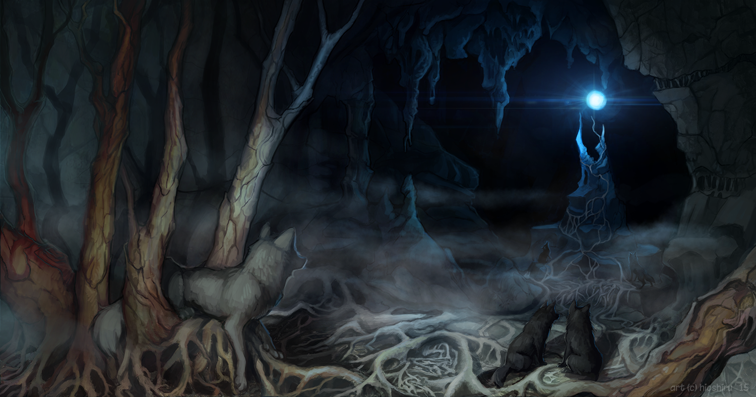 Wolves in a dark, mystical cave with glowing orb HD Wallpaper