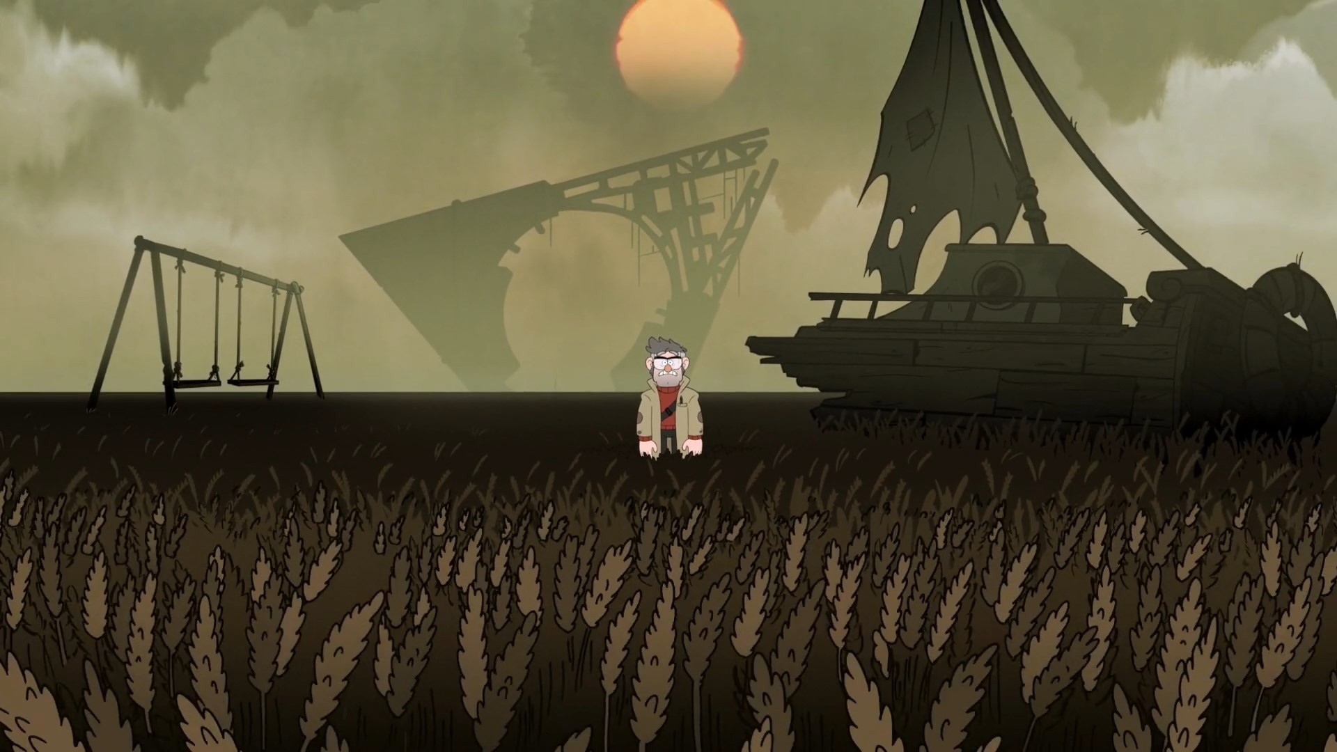 Grunkle Stan in a desolate field with a broken ship and bridge HD Wallpaper