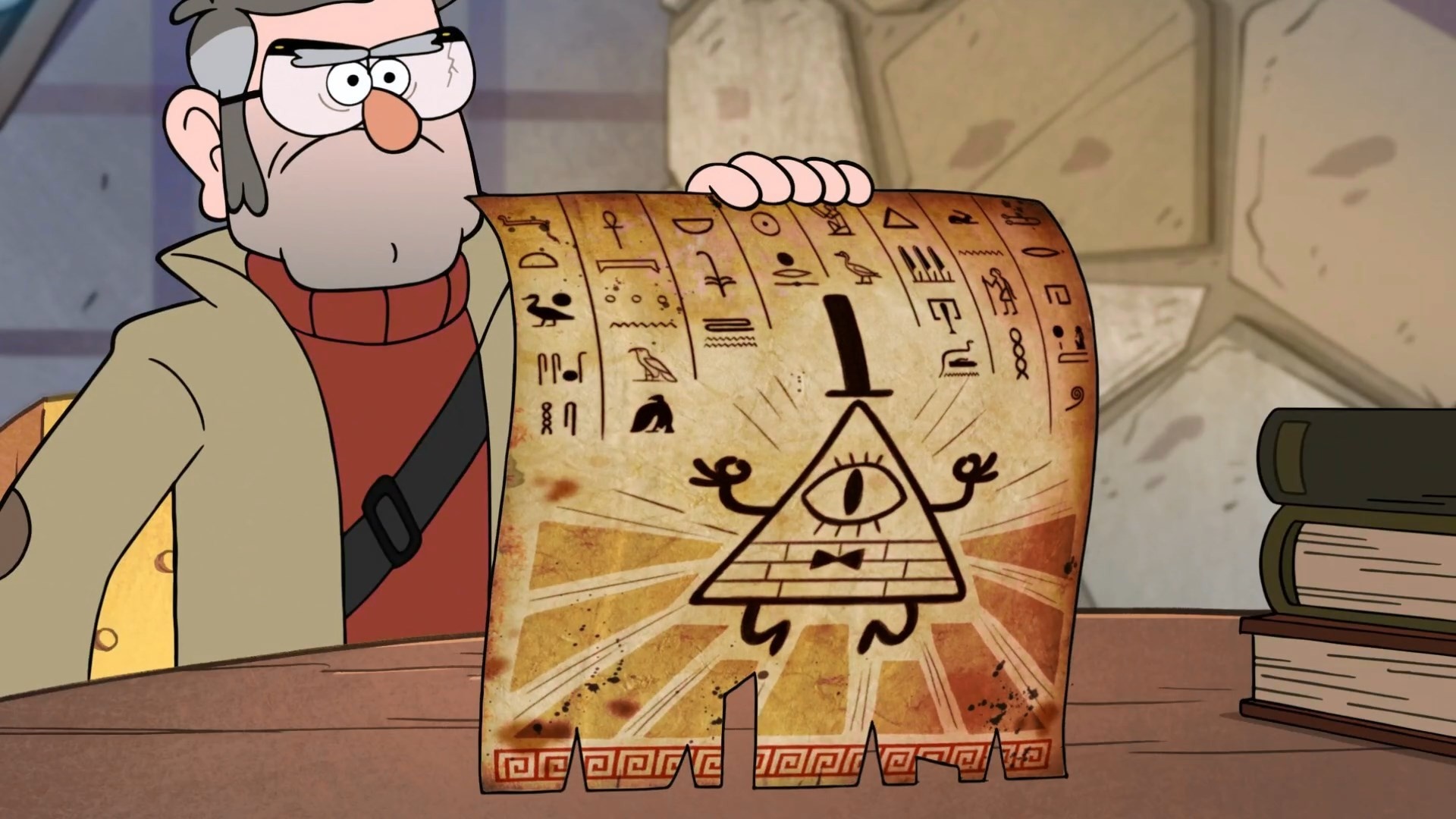 Stan Pines holding a scroll with Bill Cipher from Gravity Falls HD Wallpaper