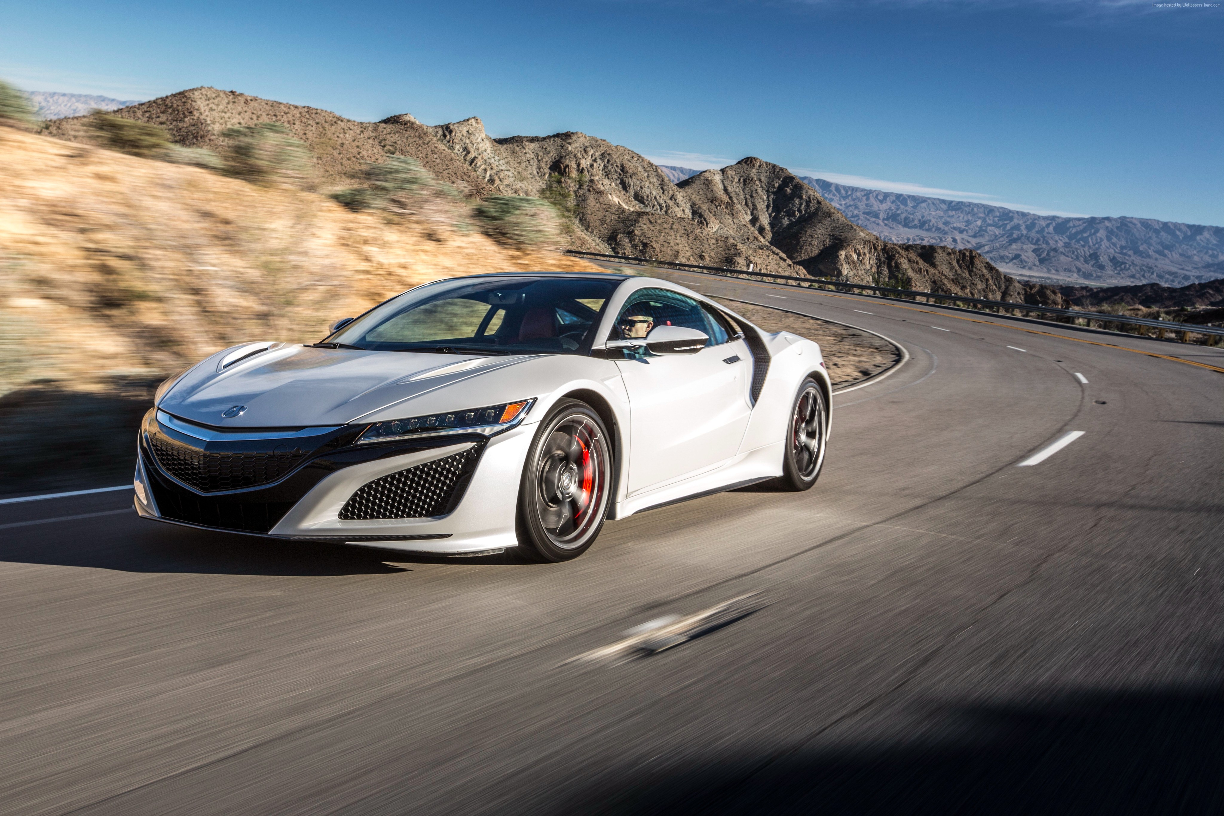 White Acura NSX driving on a winding road HD Wallpaper