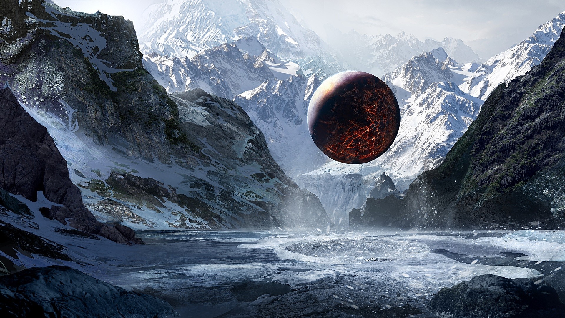 Planet over icy mountains and frozen lake HD Wallpaper