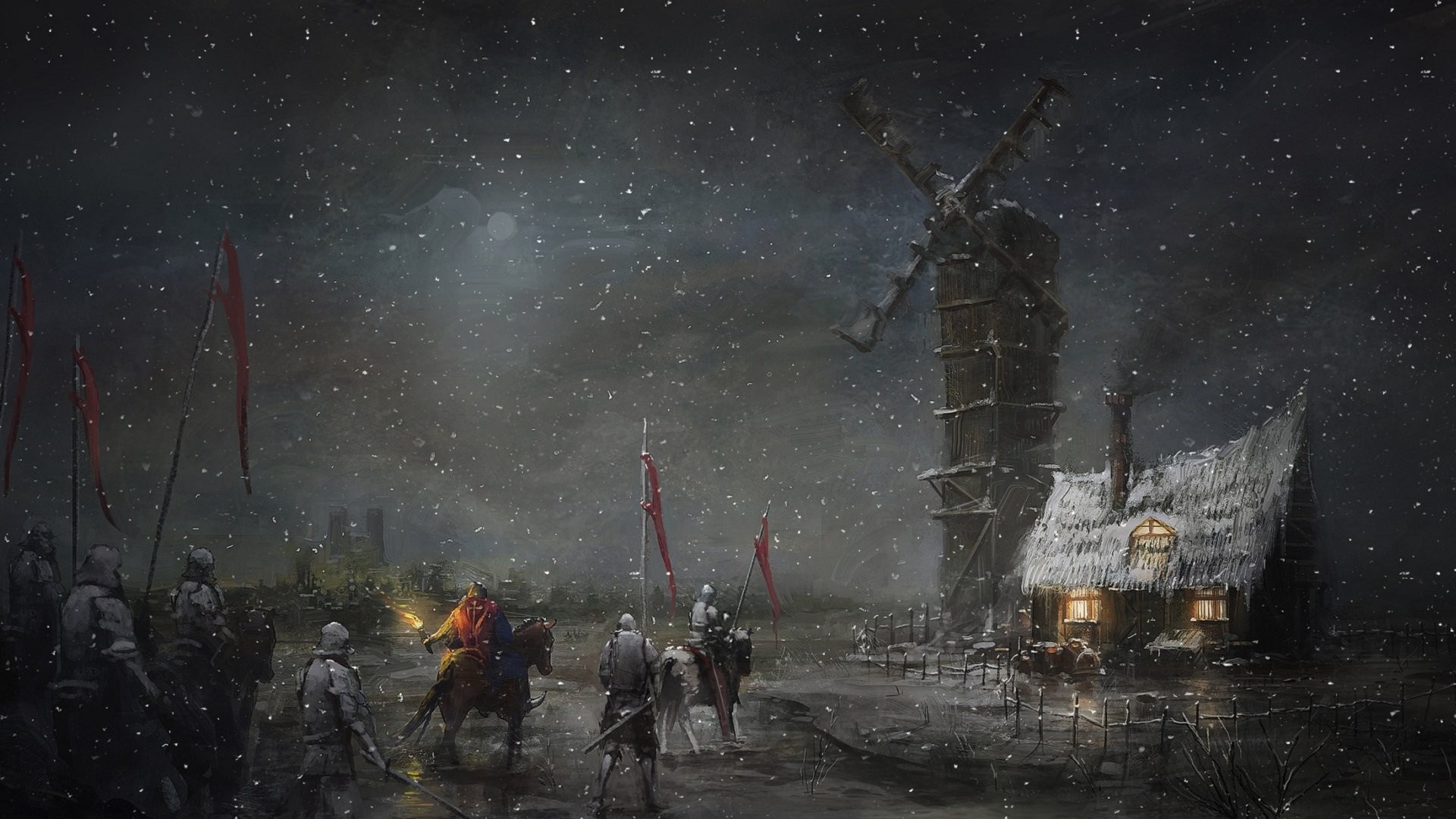 Knights near a windmill and house in the snow at night HD Wallpaper