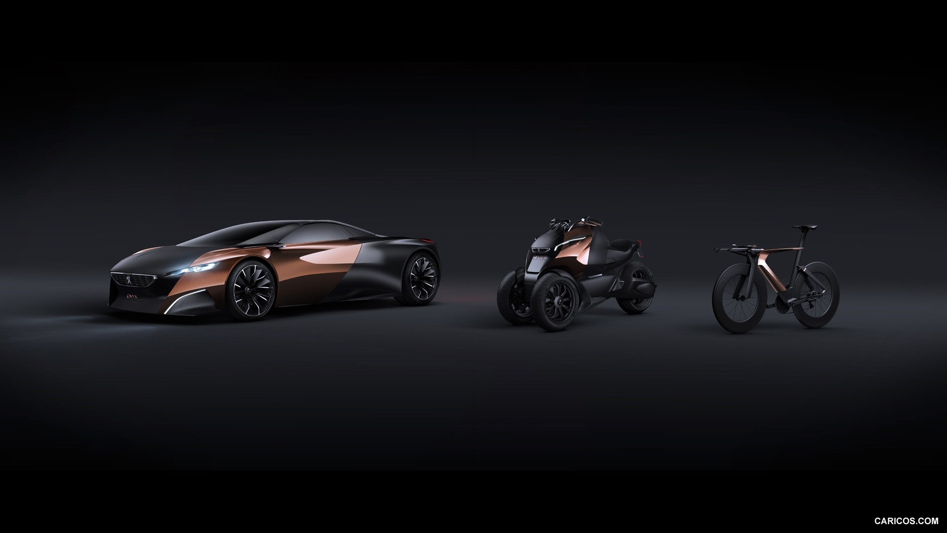 Peugeot concept car, scooter, and bicycle HD Wallpaper