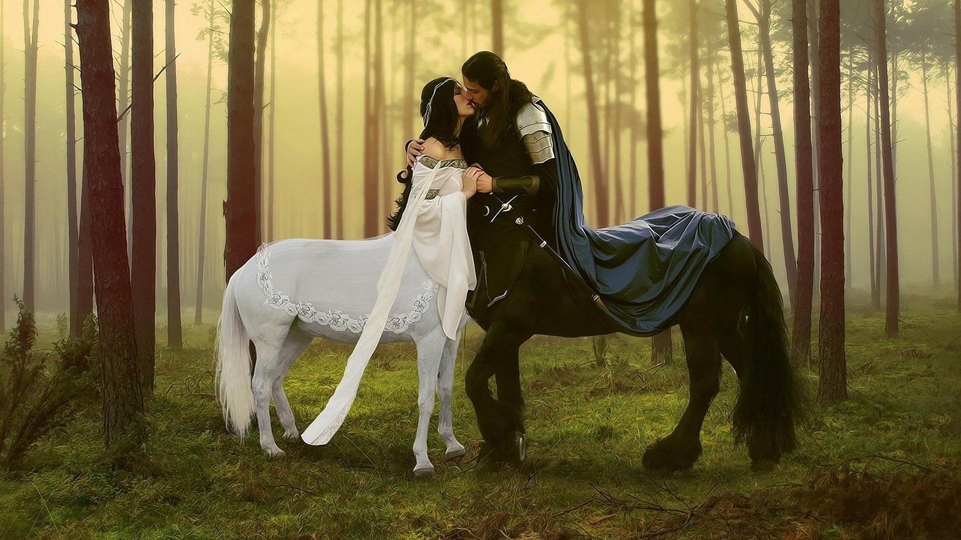 Centaur couple kissing in a misty forest HD Wallpaper