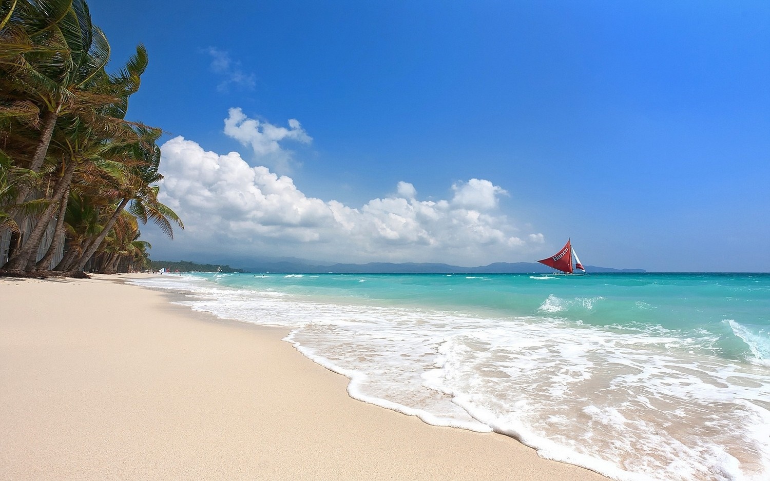Sailboat on turquoise water near Boracay beach with palm trees HD Wallpaper