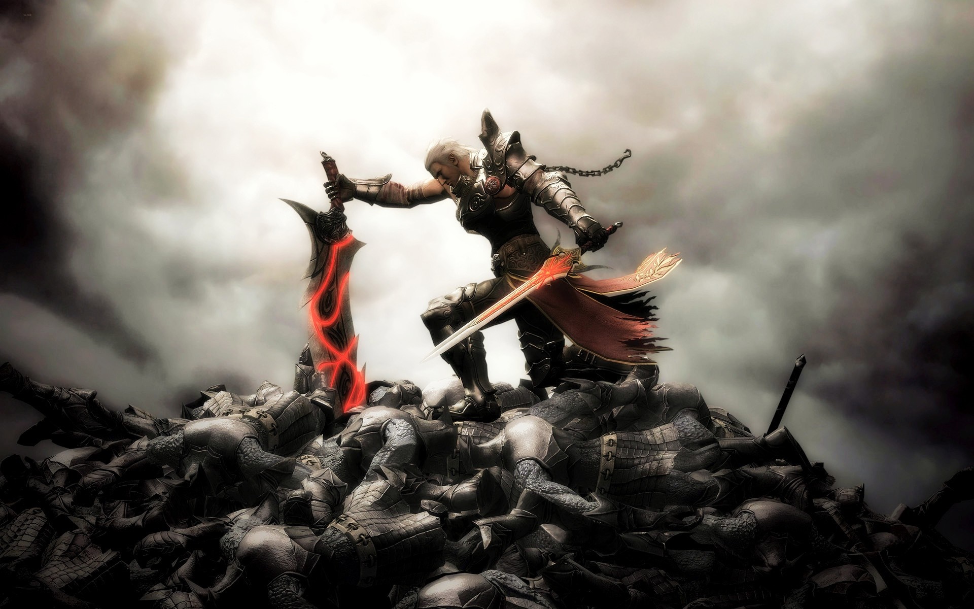 Warrior standing on a pile of fallen soldiers with glowing swords HD Wallpaper