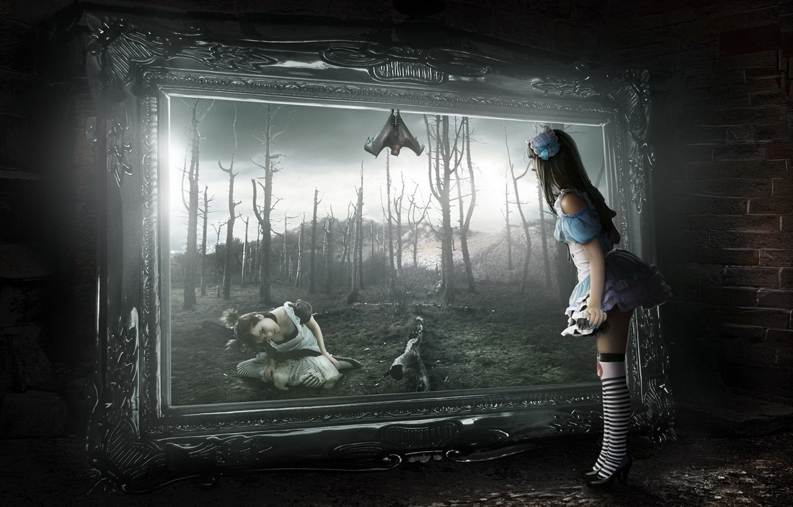 Alice in a dark forest through a mirror HD Wallpaper