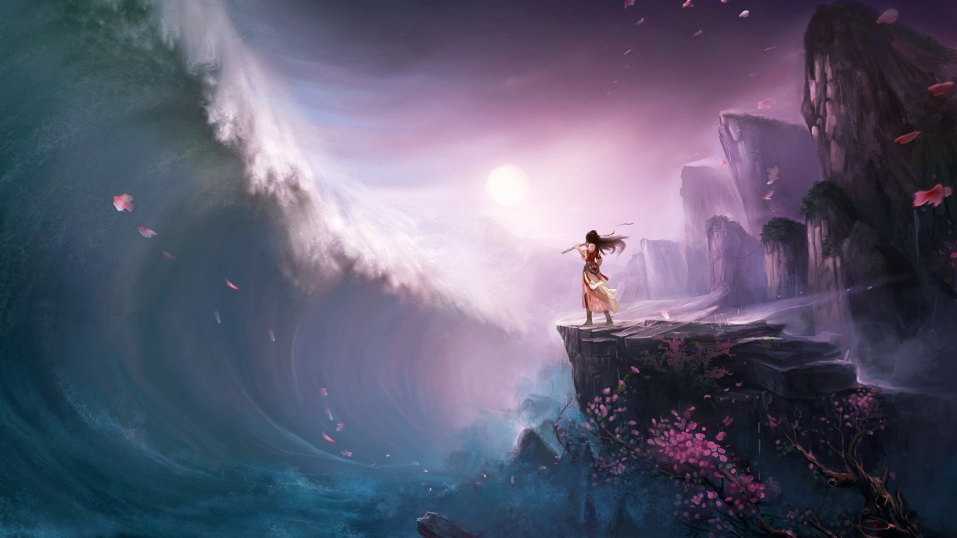 Anime girl on cliff facing giant wave and mountains HD Wallpaper