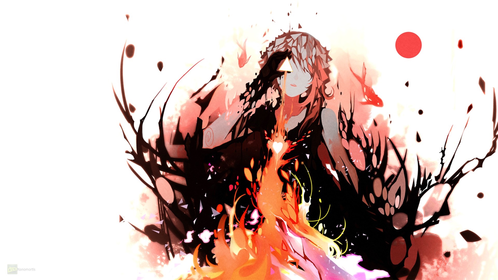 Anime girl with fiery aura and black tendrils HD Wallpaper