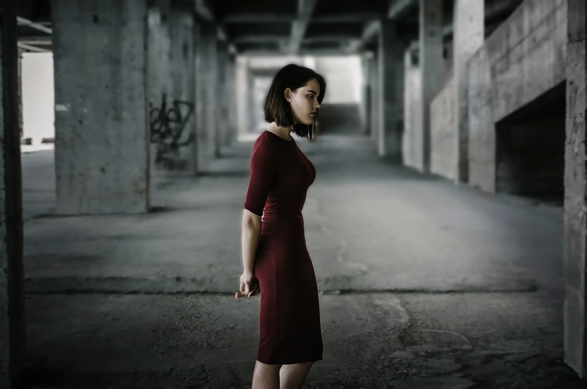 Woman in red dress in abandoned building HD Wallpaper