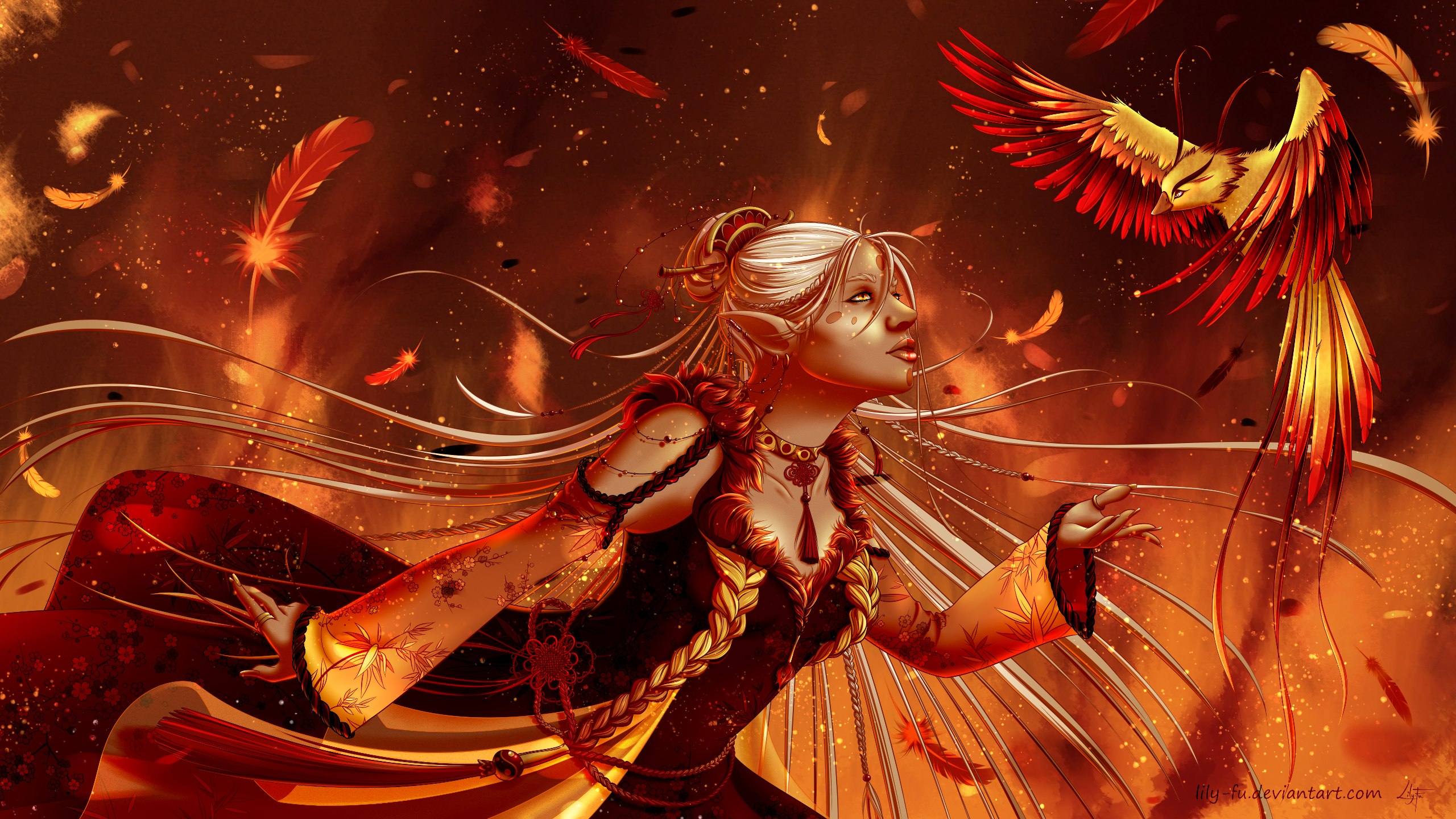 Elf woman with a phoenix and falling feathers HD Wallpaper