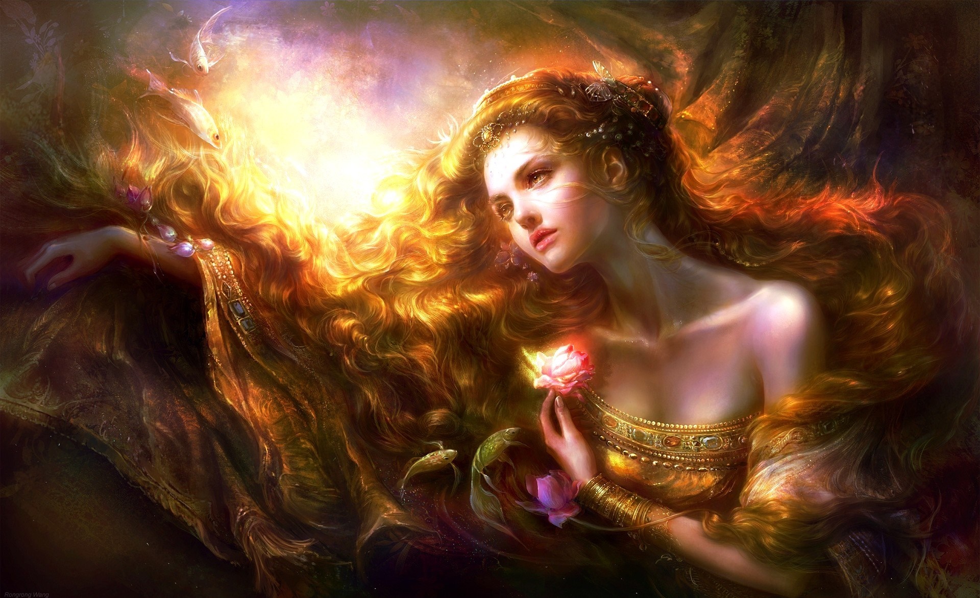 Fantasy art of a woman with long golden hair holding a pink flower HD Wallpaper