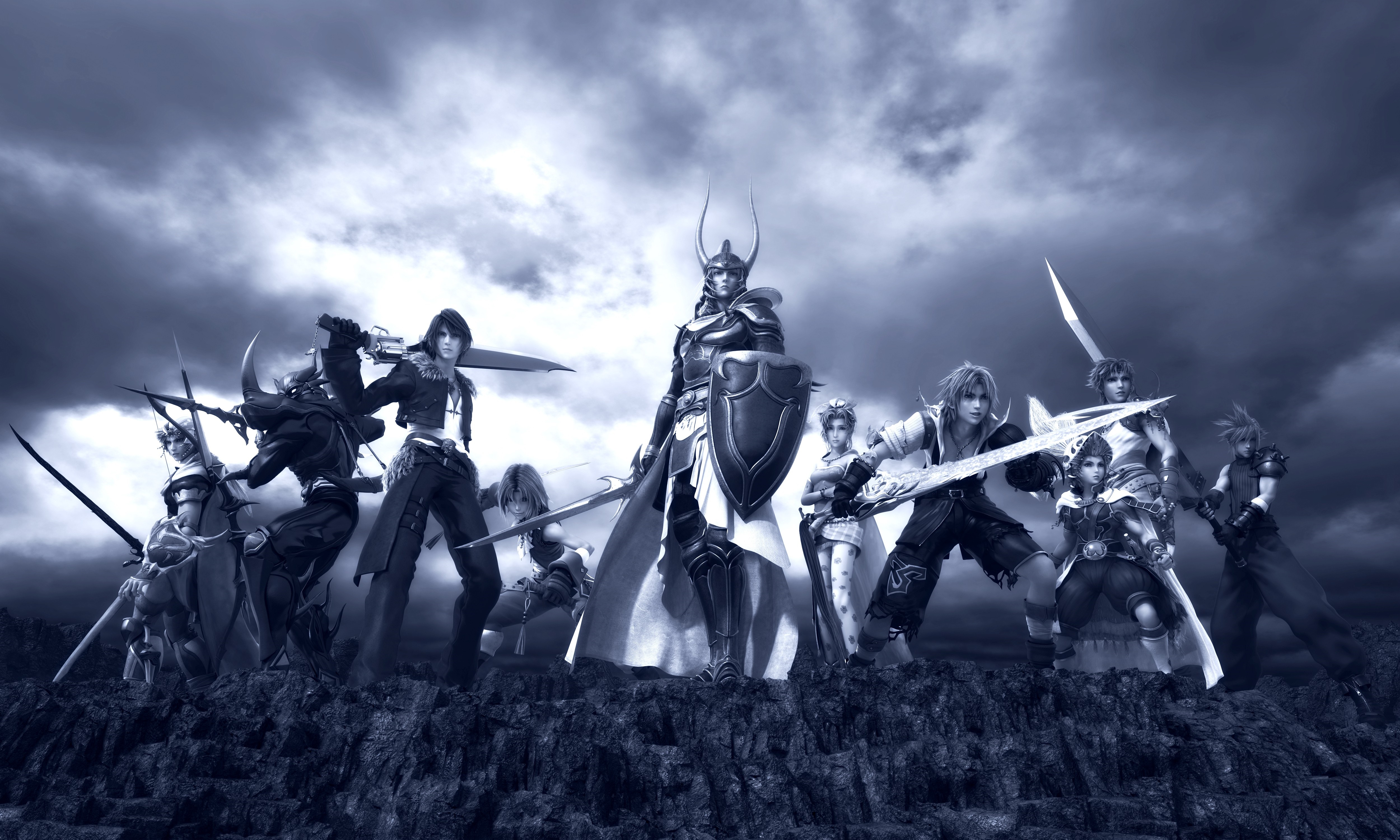 Dissidia Final Fantasy characters on rocky terrain HD Wallpaper