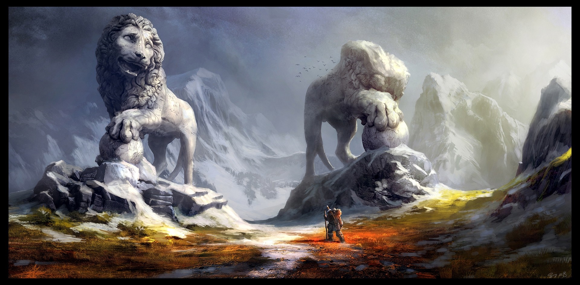 Two lion statues and a warrior in a snowy mountain landscape HD Wallpaper