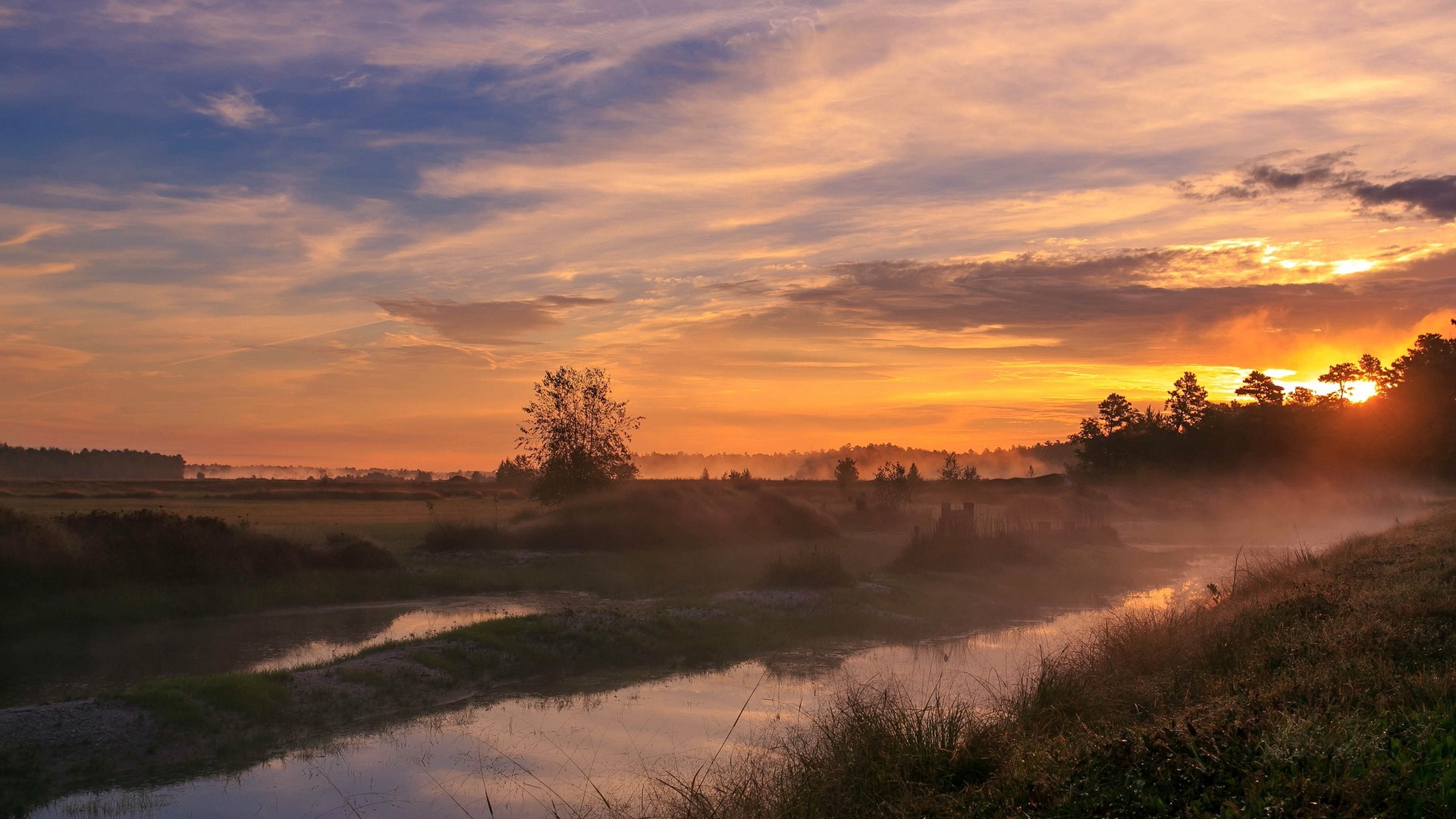 Misty river landscape at sunrise with colorful sky HD Wallpaper