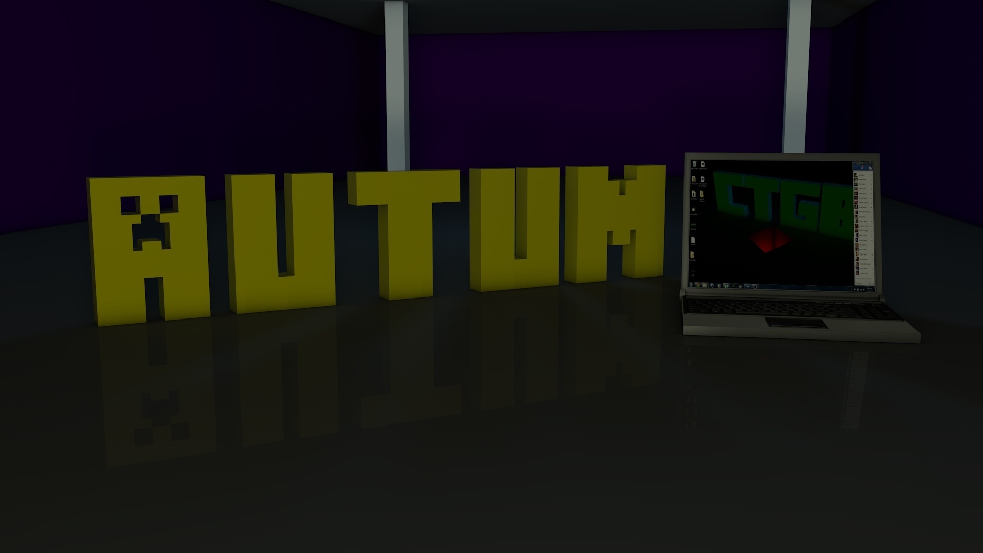 3D letters spelling AUTUMN with a Minecraft Creeper face and a laptop HD Wallpaper