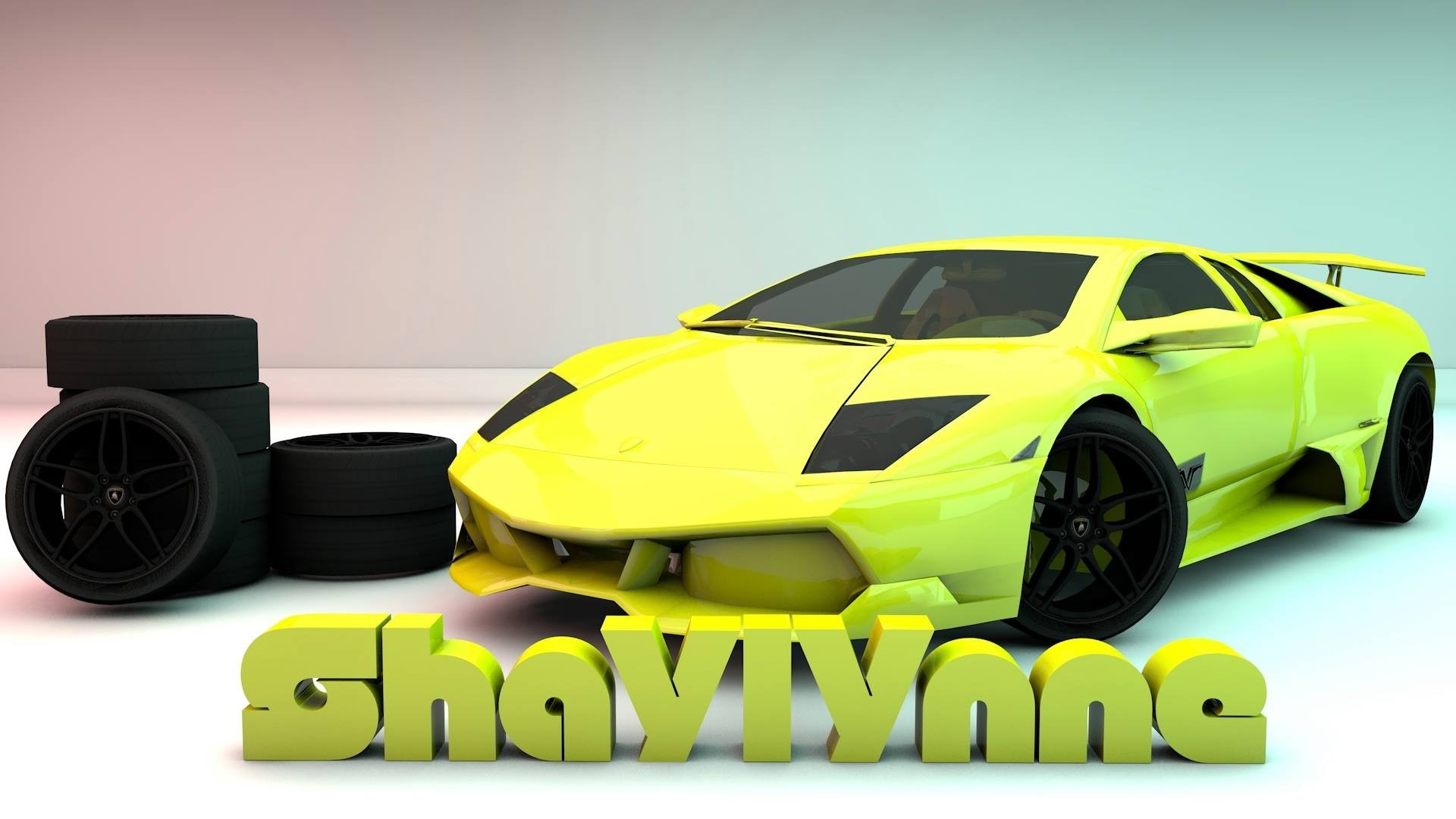 Yellow Lamborghini sports car with tires and text HD Wallpaper