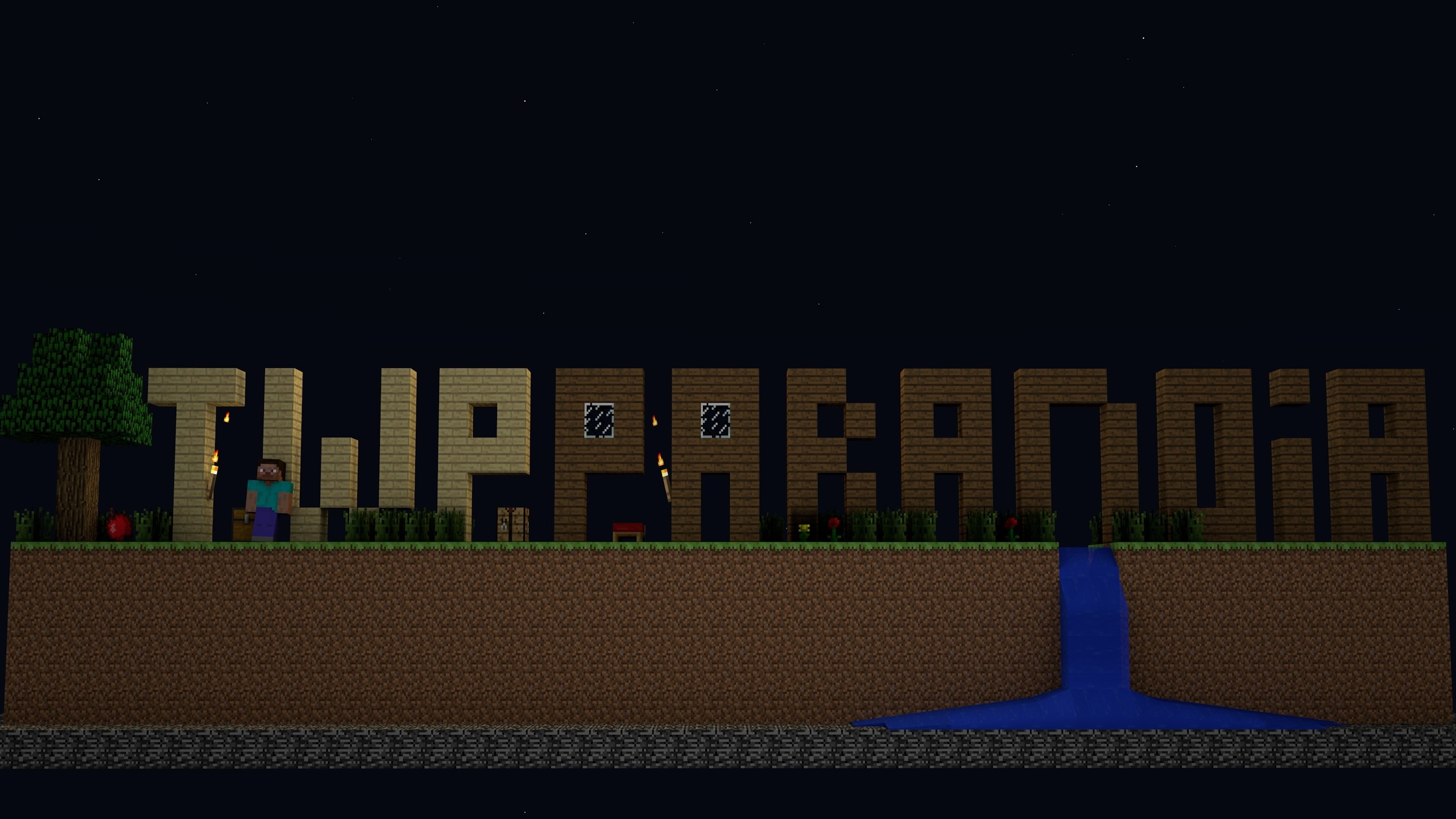 Minecraft text art with Steve and a waterfall HD Wallpaper