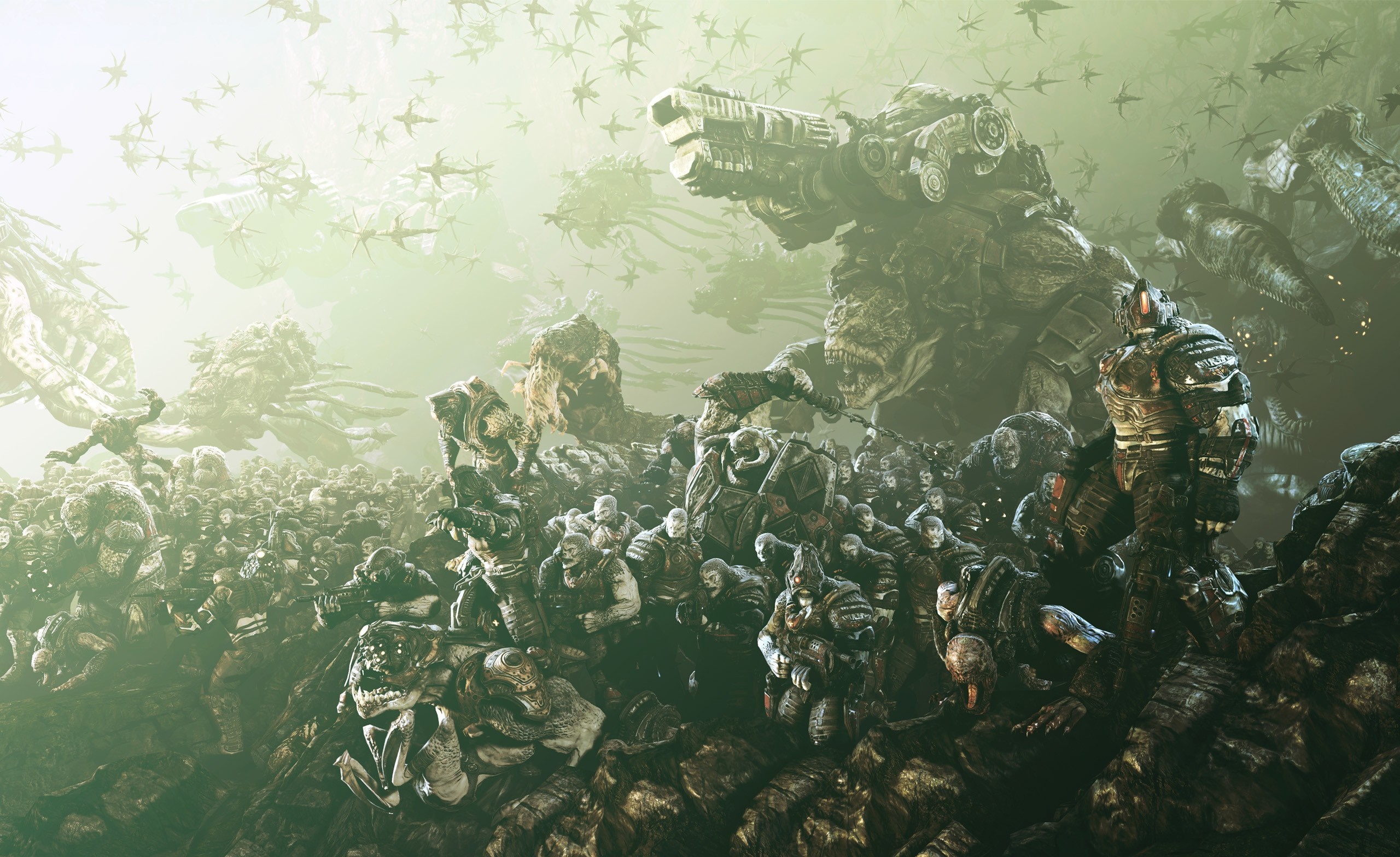 Gears of War screenshot with soldiers and creatures HD Wallpaper