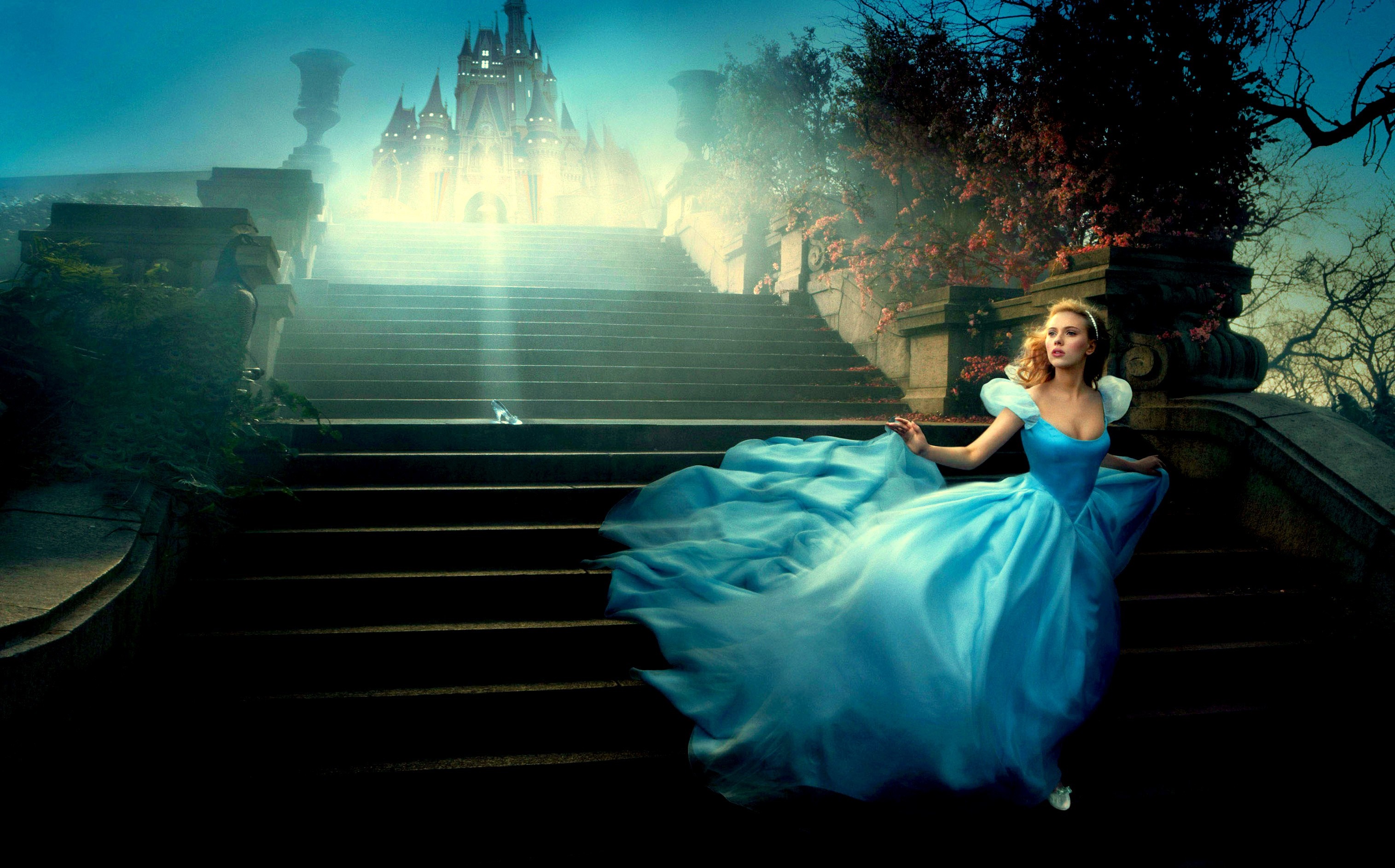 Scarlett Johansson as Cinderella on castle stairs HD Wallpaper