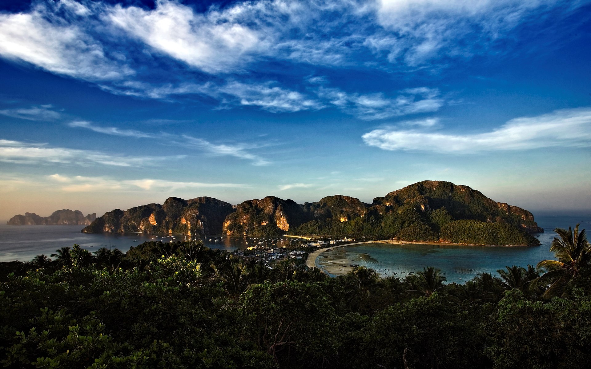 Island bay with mountains and blue sky HD Wallpaper