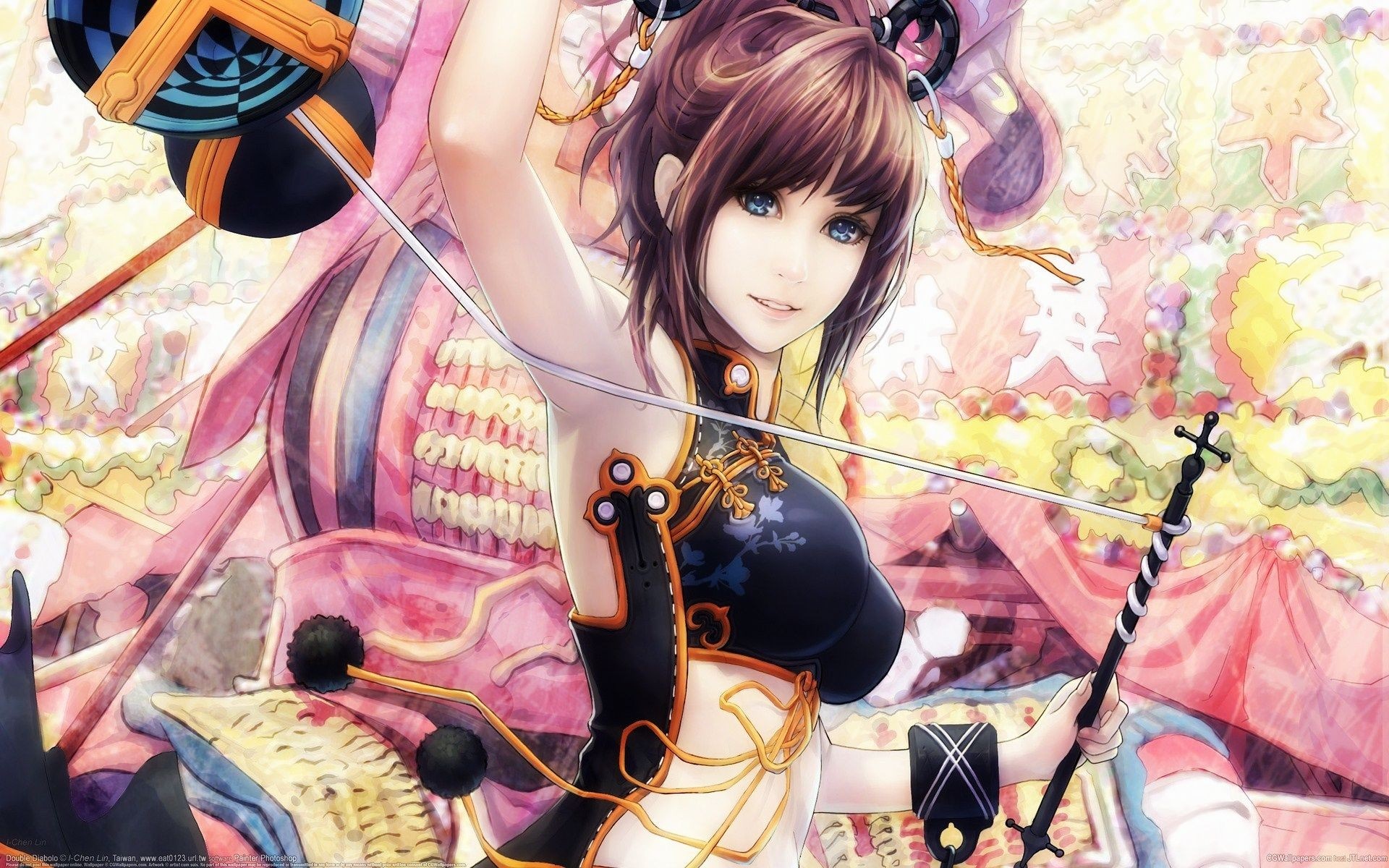 Anime girl in traditional Chinese dress holding weapons HD Wallpaper