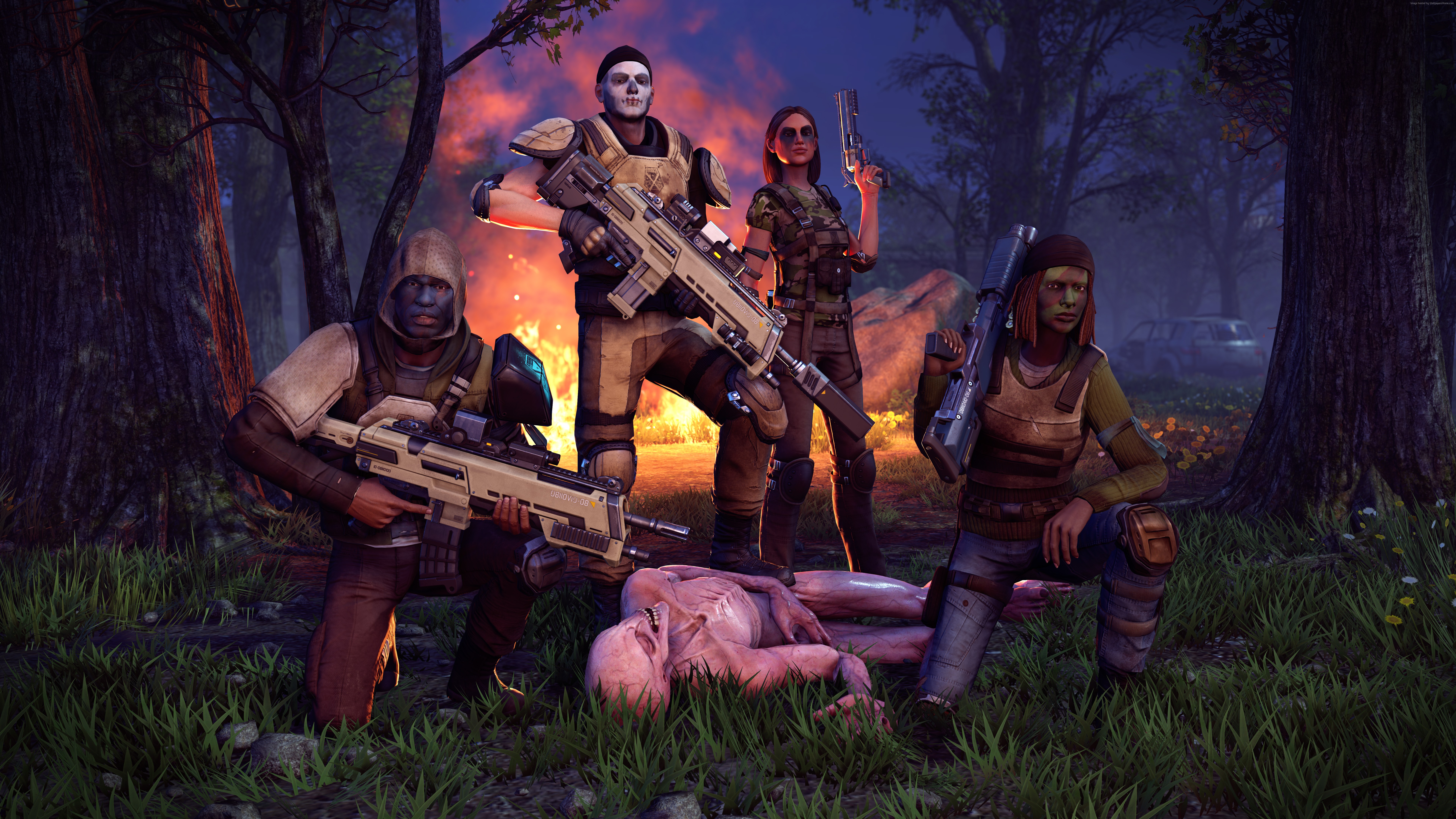 XCOM 2 soldiers with alien corpse in forest HD Wallpaper