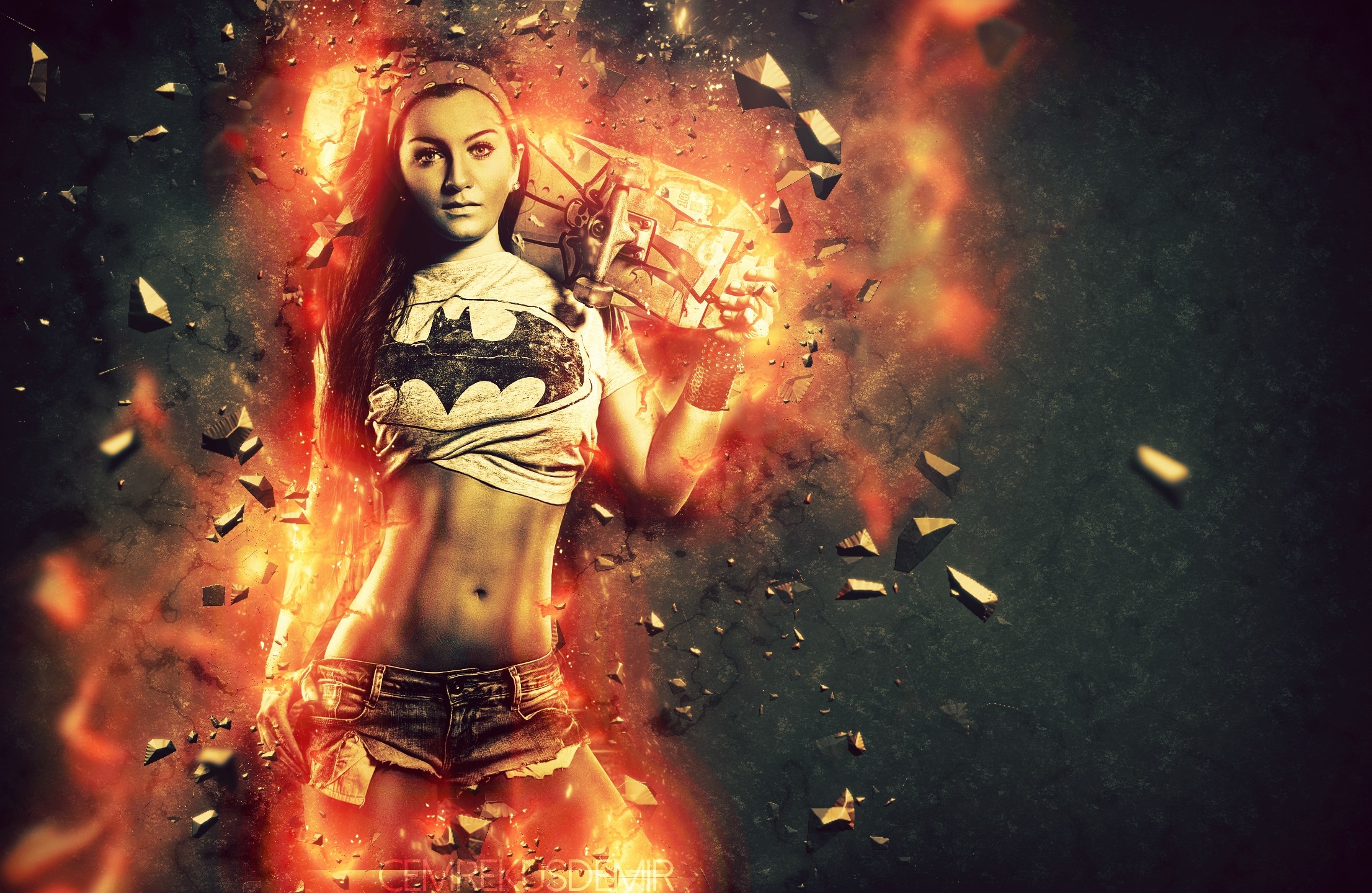 Woman with skateboard and Batman shirt HD Wallpaper