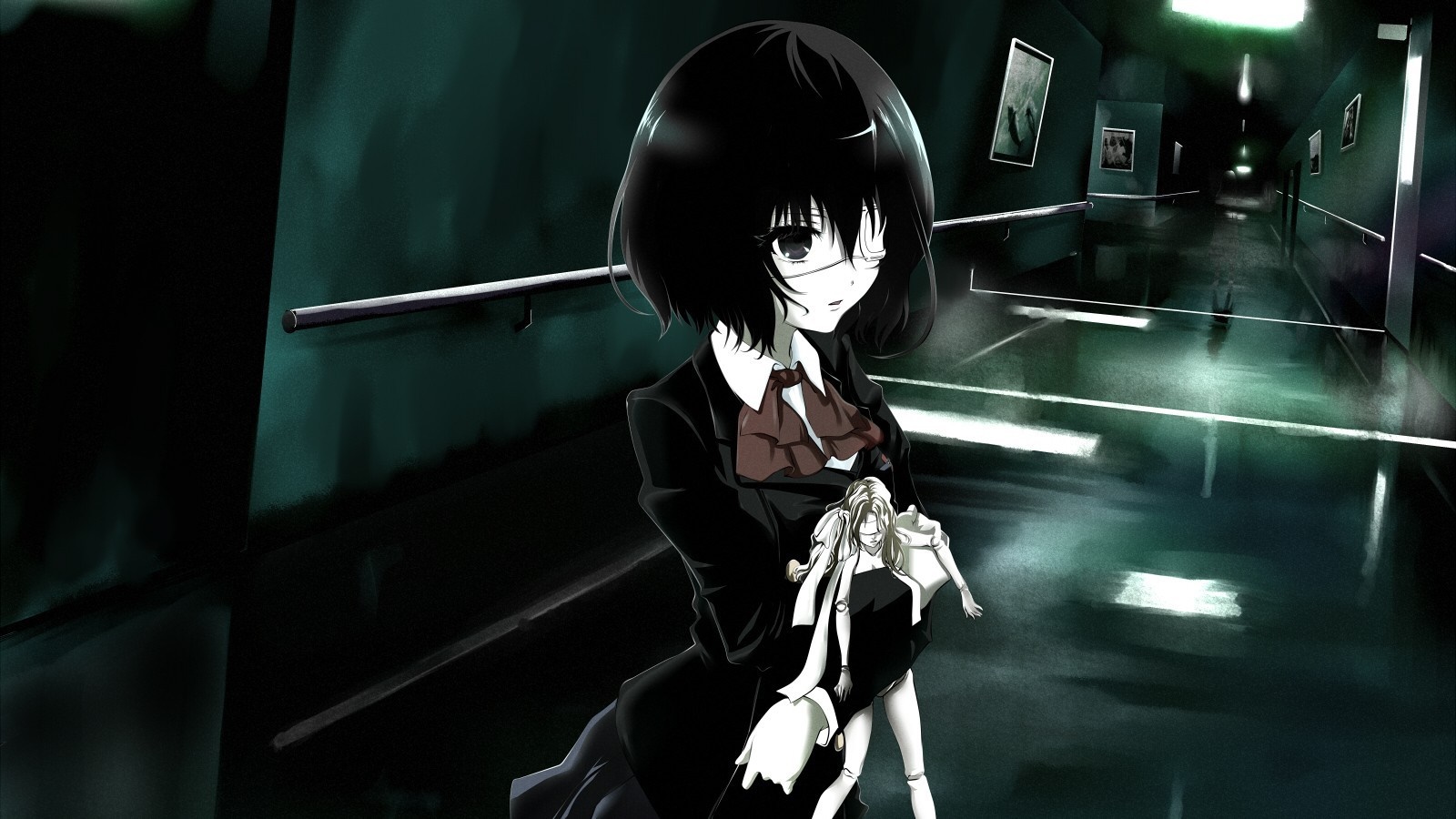 Misaki Mei from Another holding a doll in a dark hallway HD Wallpaper