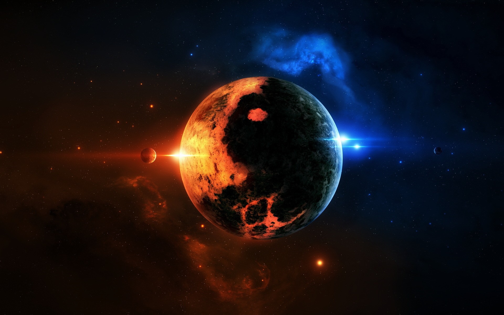 Planet with glowing light and nebula in space HD Wallpaper