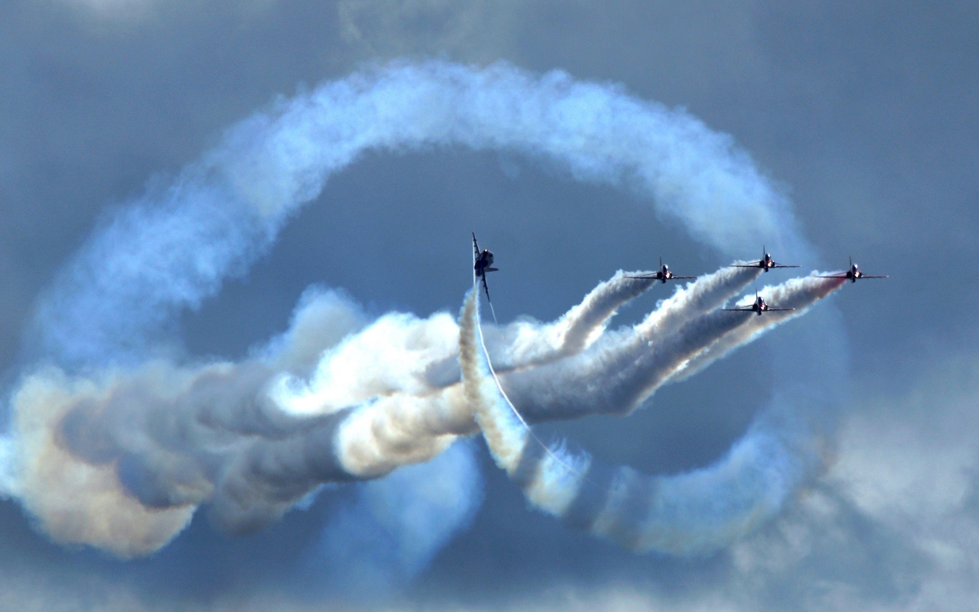 Airshow planes performing stunts with smoke trails HD Wallpaper