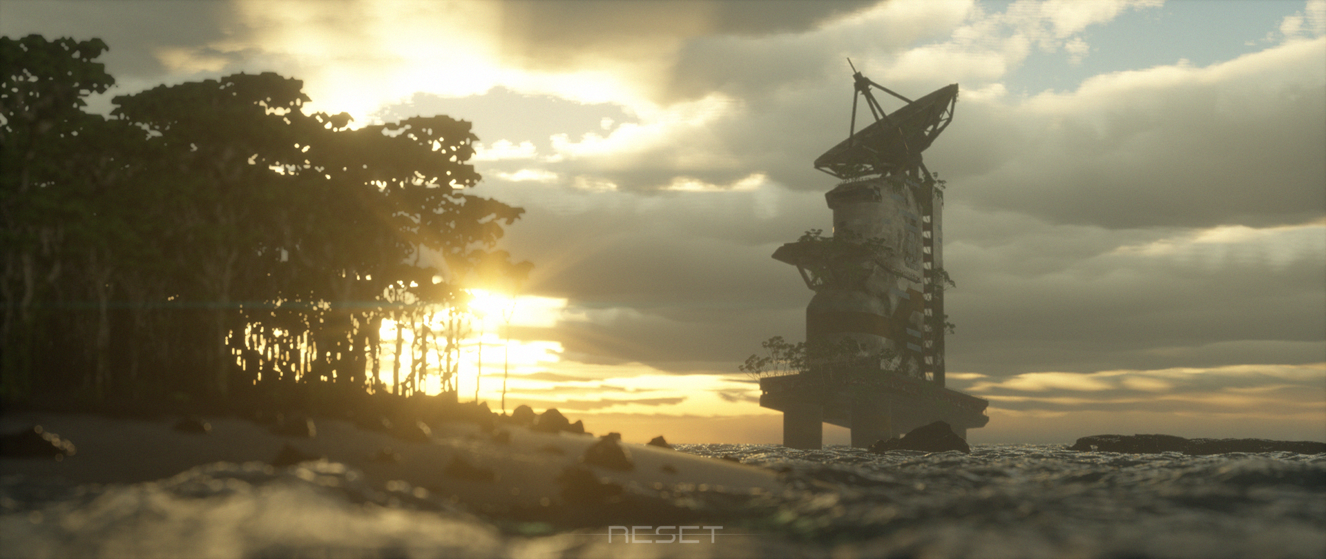 Abandoned satellite dish on a platform at sunset HD Wallpaper