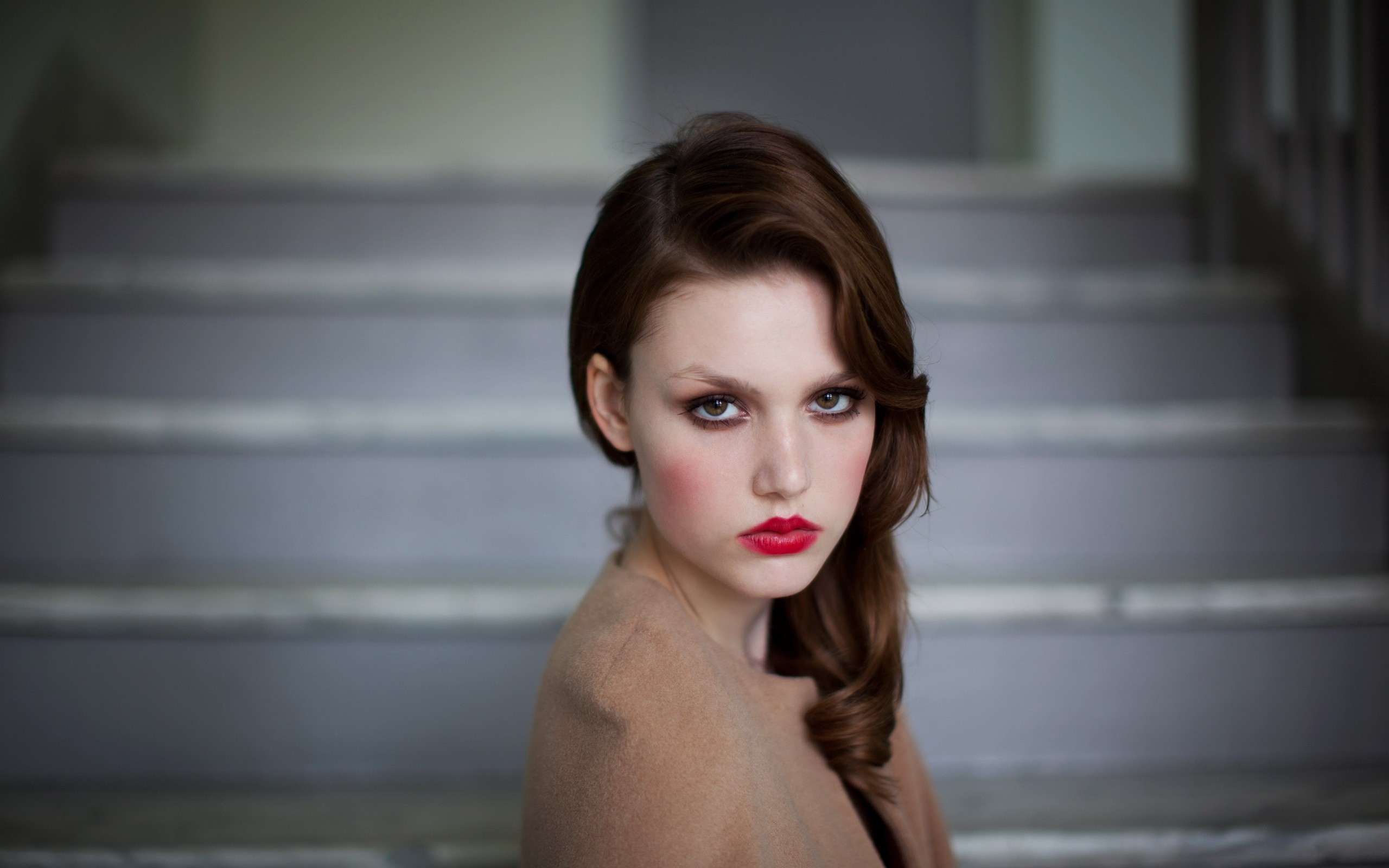 Woman with brown hair and red lipstick HD Wallpaper