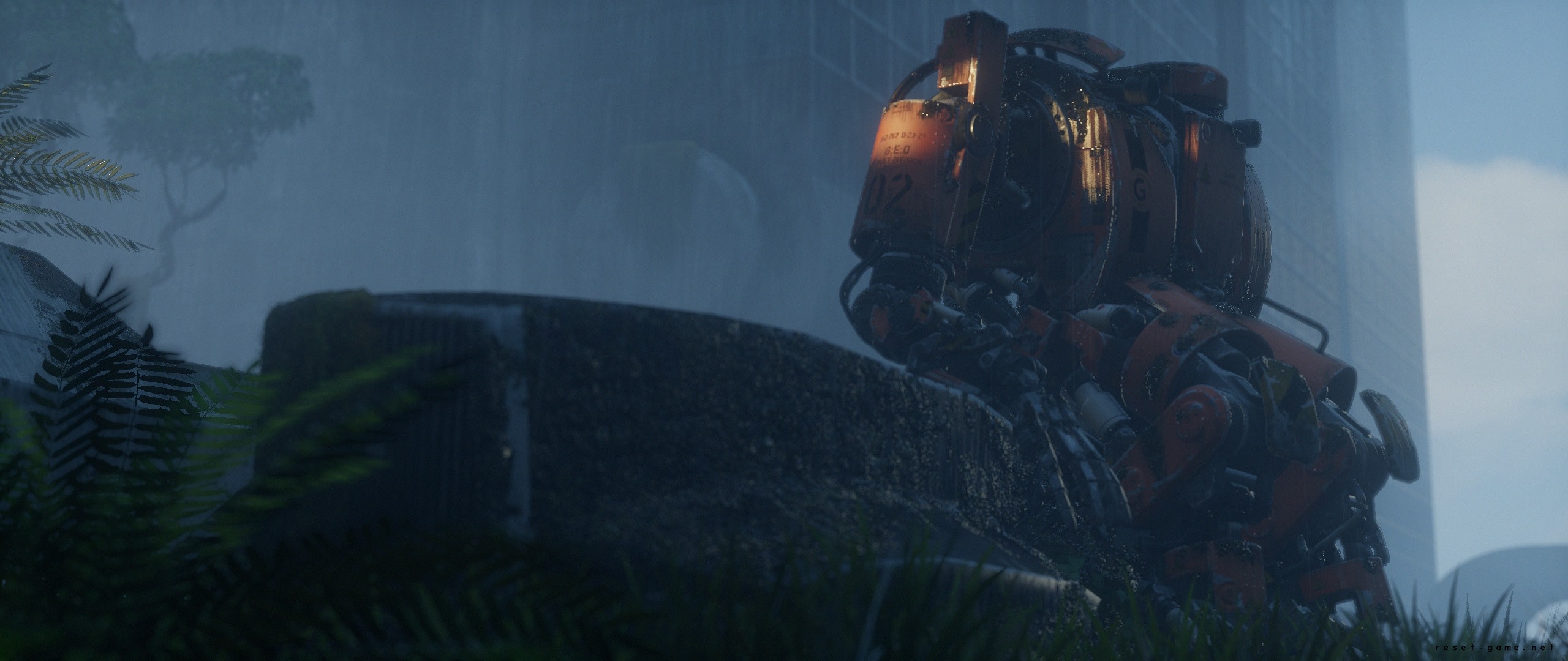 Orange robot in a rainy, overgrown urban environment HD Wallpaper