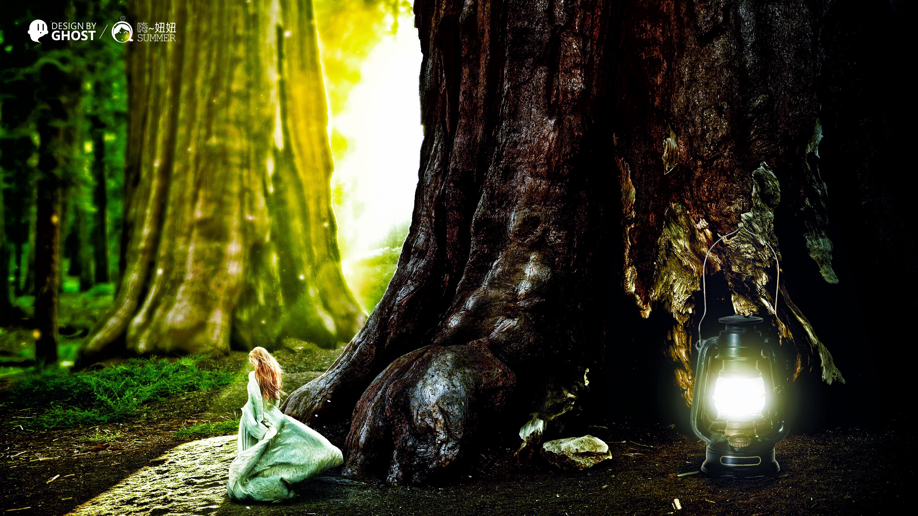 Girl in a green dress with a lantern in a forest HD Wallpaper