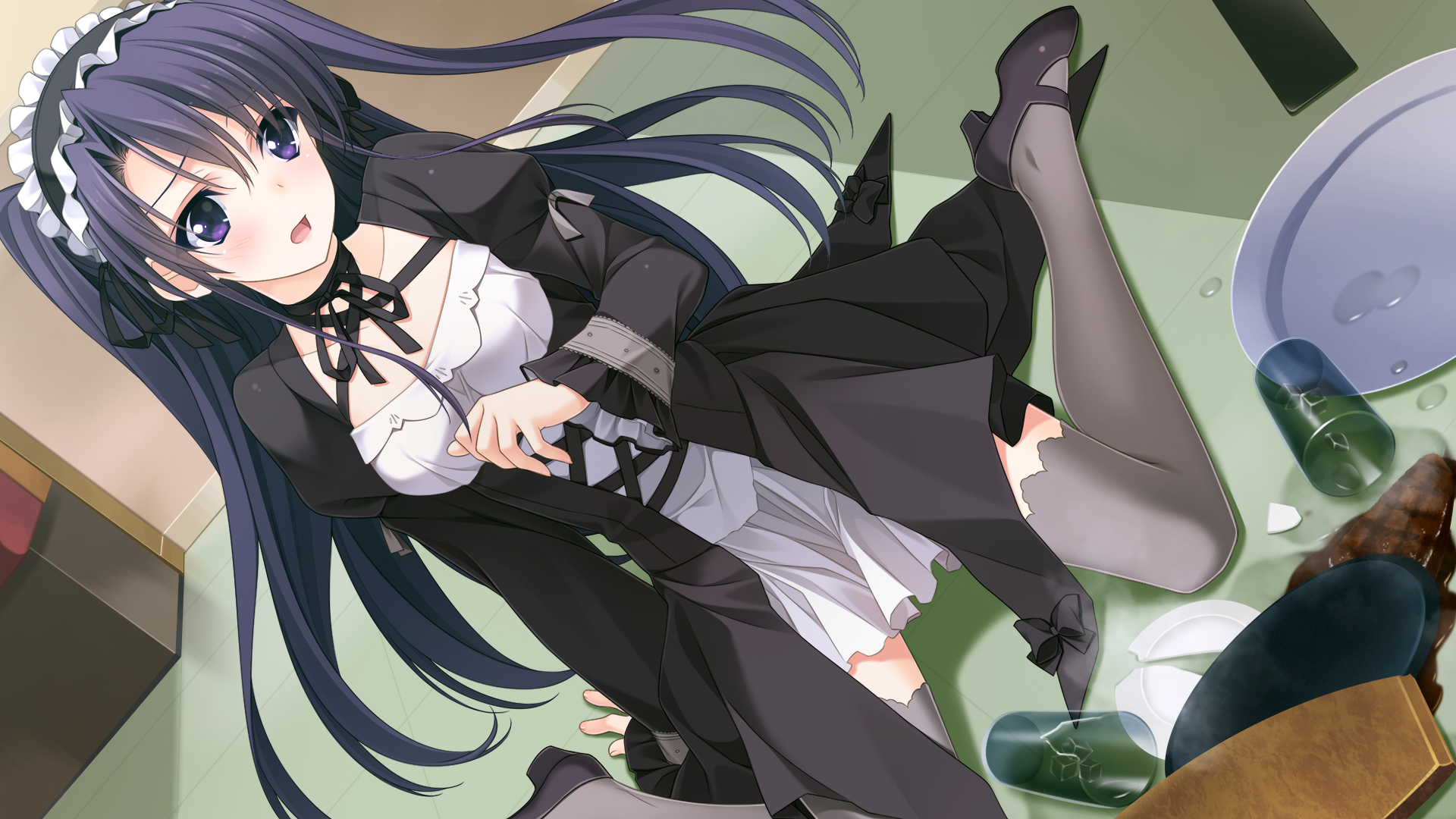 Maid Outfit Girl with Broken Dishes HD Wallpaper