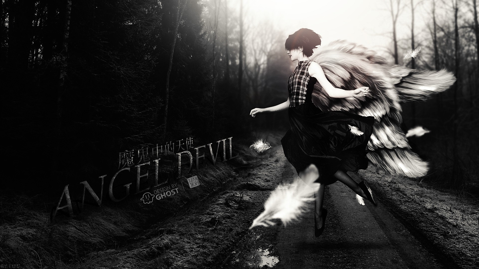 Angel Devil in a dark forest with feathers HD Wallpaper