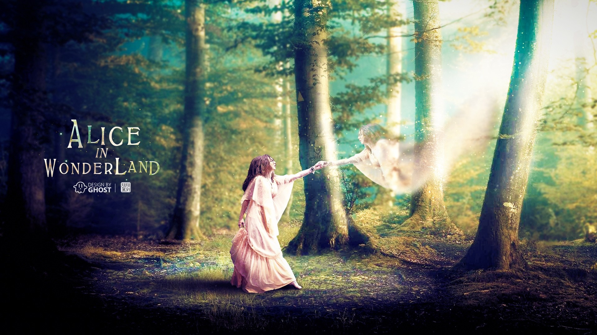 Alice in Wonderland forest scene with ghost HD Wallpaper