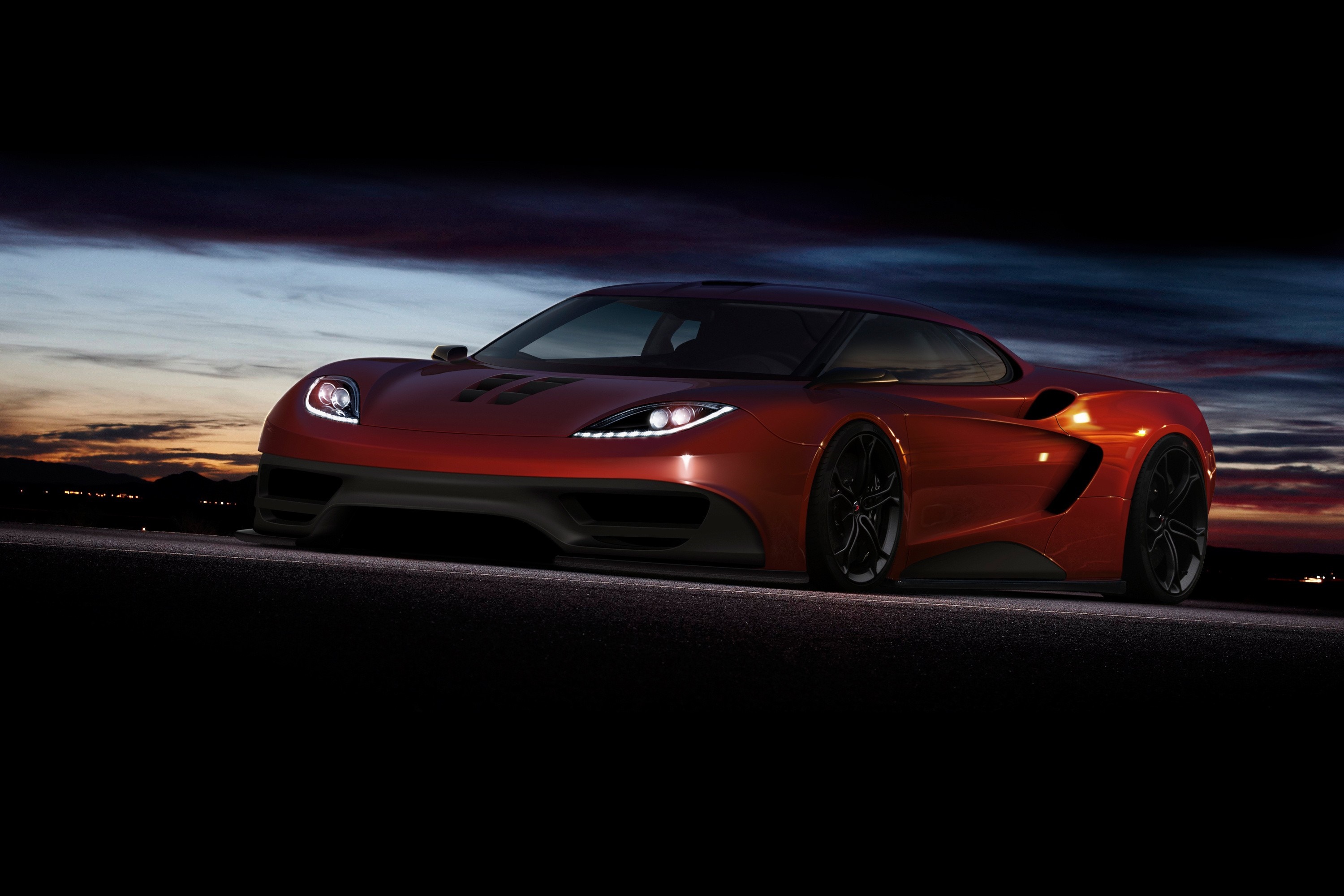Red McLaren sports car on a road at dusk HD Wallpaper