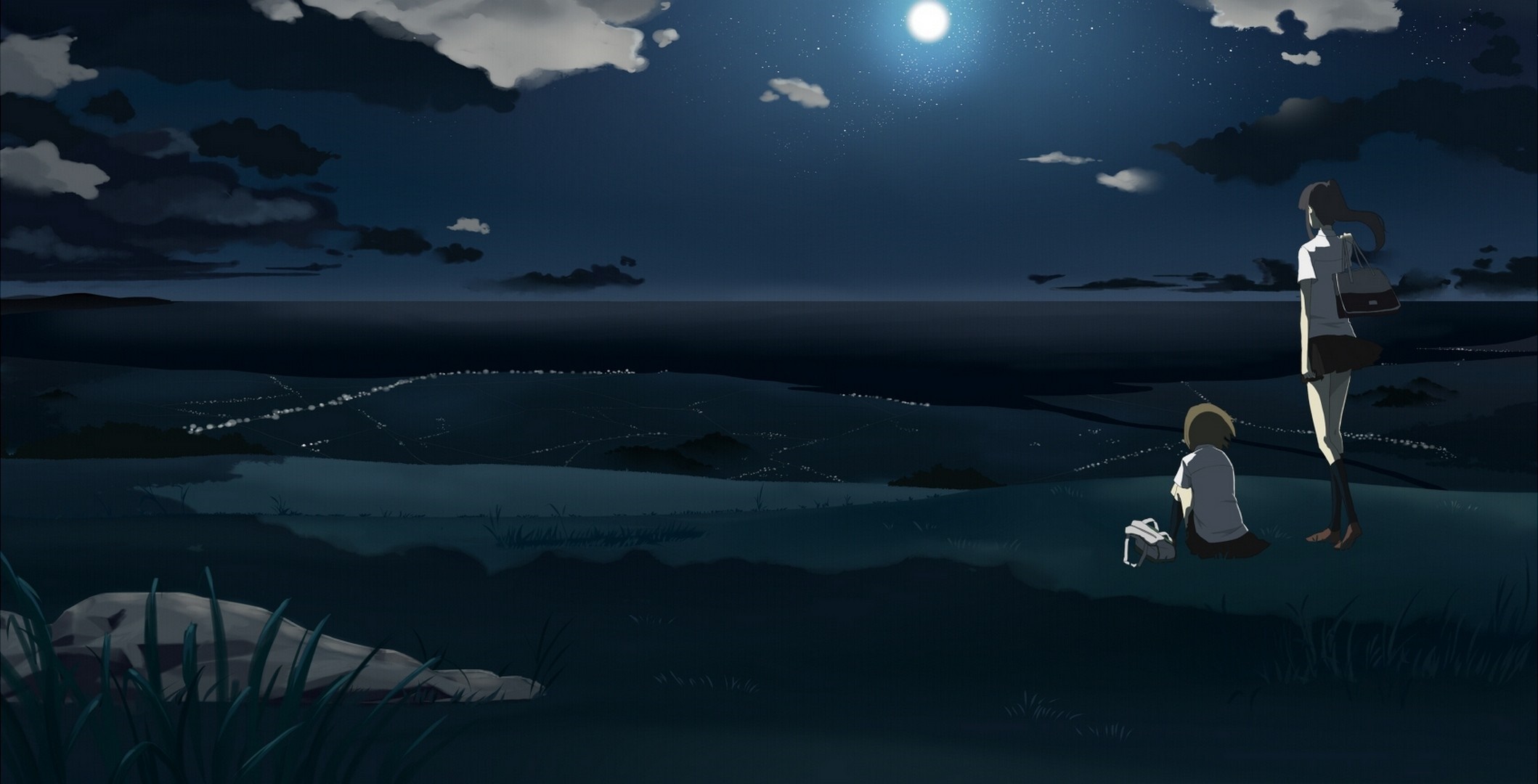 Two anime girls looking at the moonlit sea at night HD Wallpaper