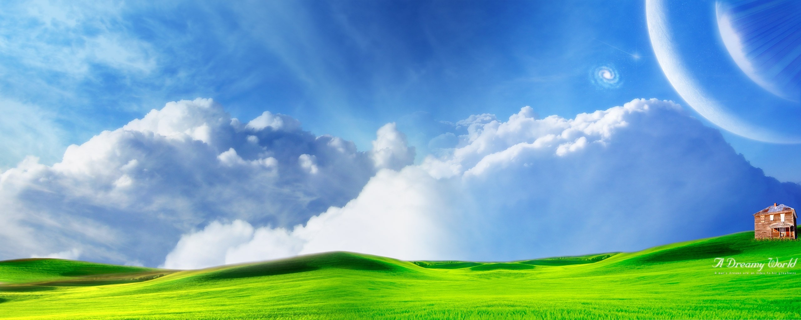 Dreamy world with planets and house HD Wallpaper