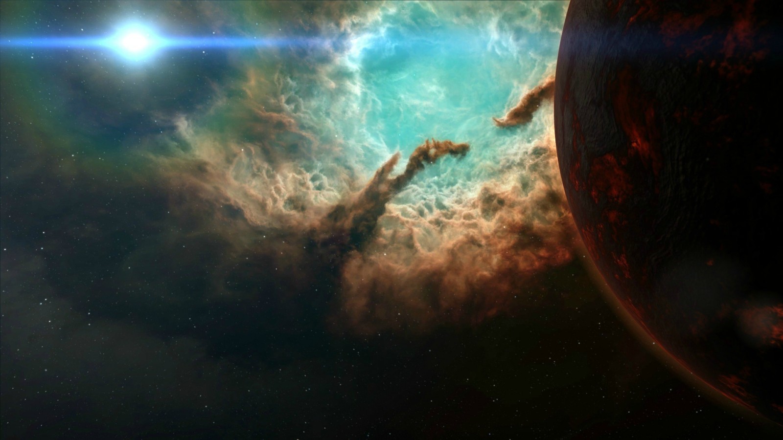 Planet and nebula in outer space with bright star HD Wallpaper