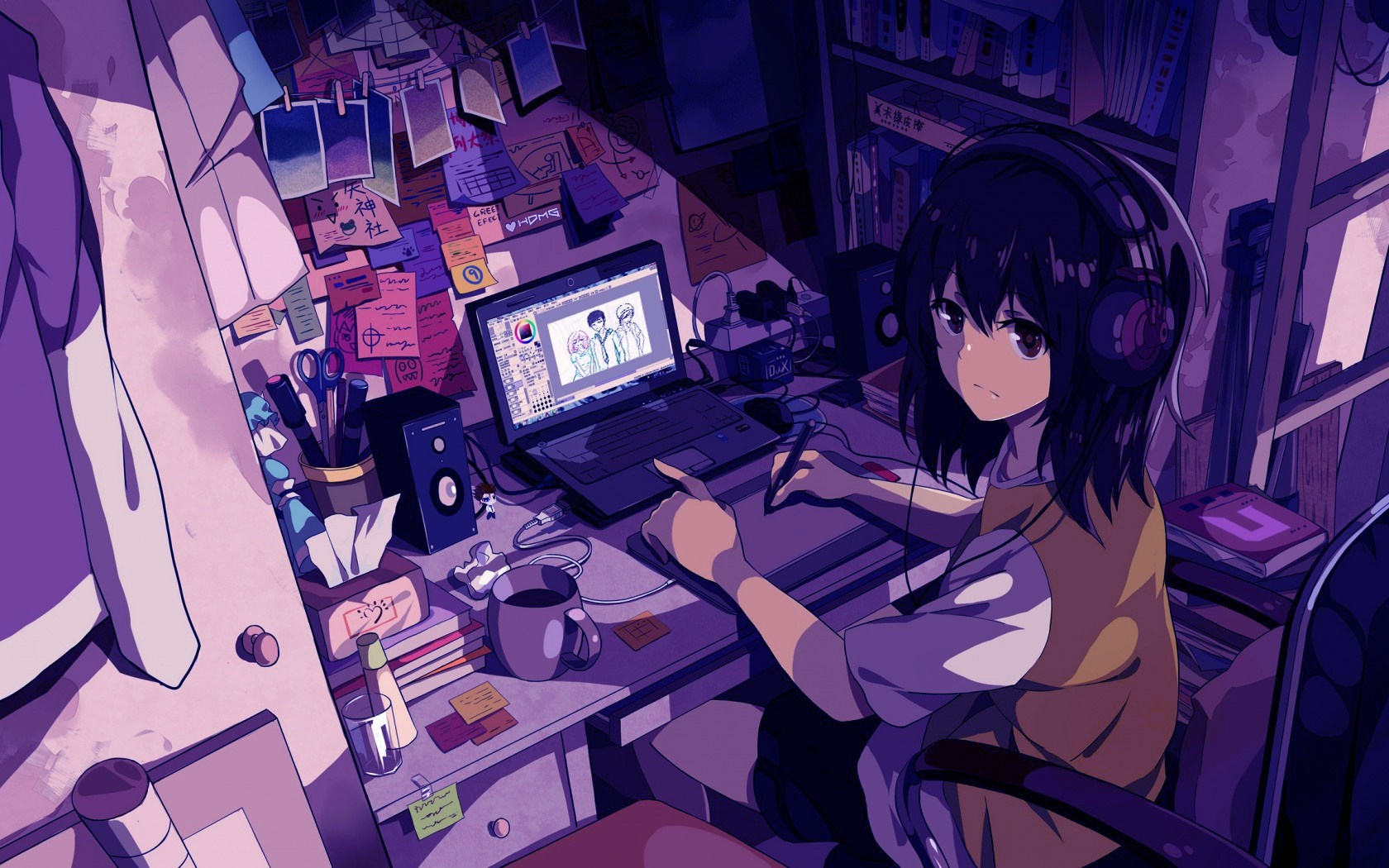 Anime girl with headphones drawing on a laptop HD Wallpaper