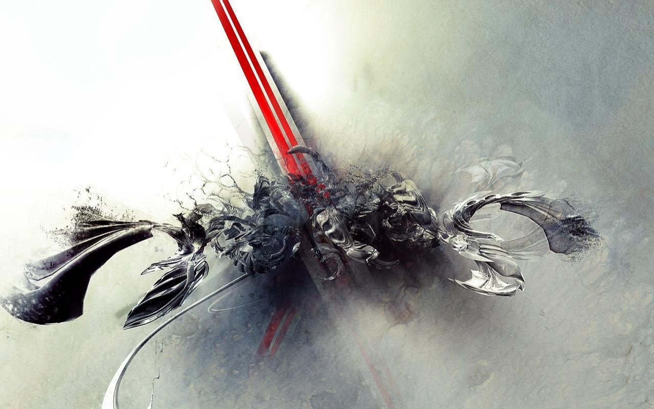 Abstract digital art with red lines and metallic forms HD Wallpaper