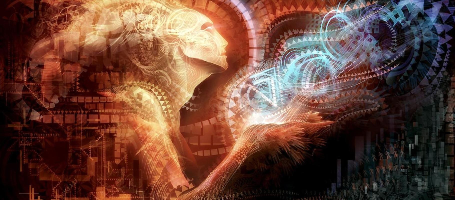 Fantasy art of two figures with fractal patterns HD Wallpaper